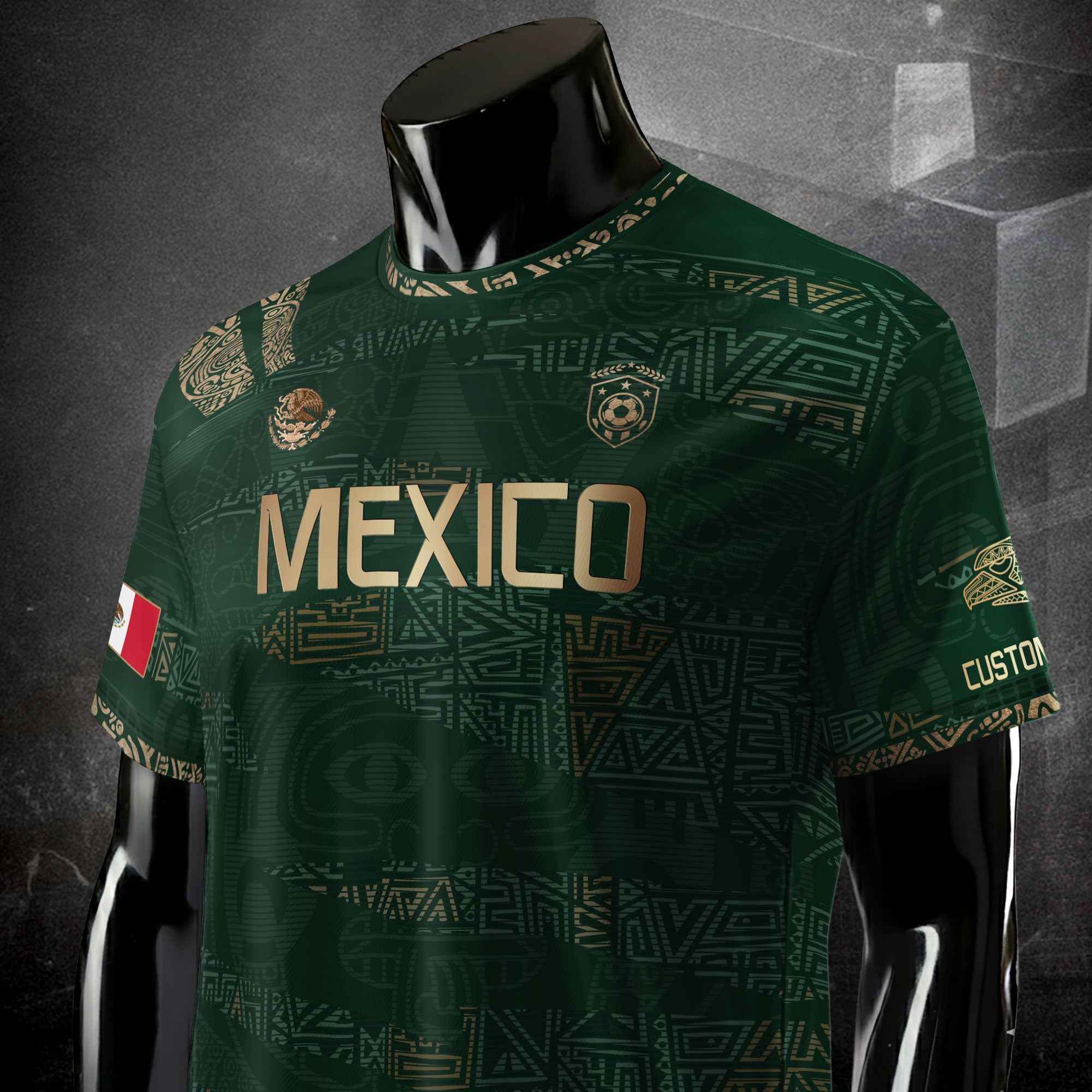Custom Mexico Green Gold Aztec Pattern Soccer Jersey