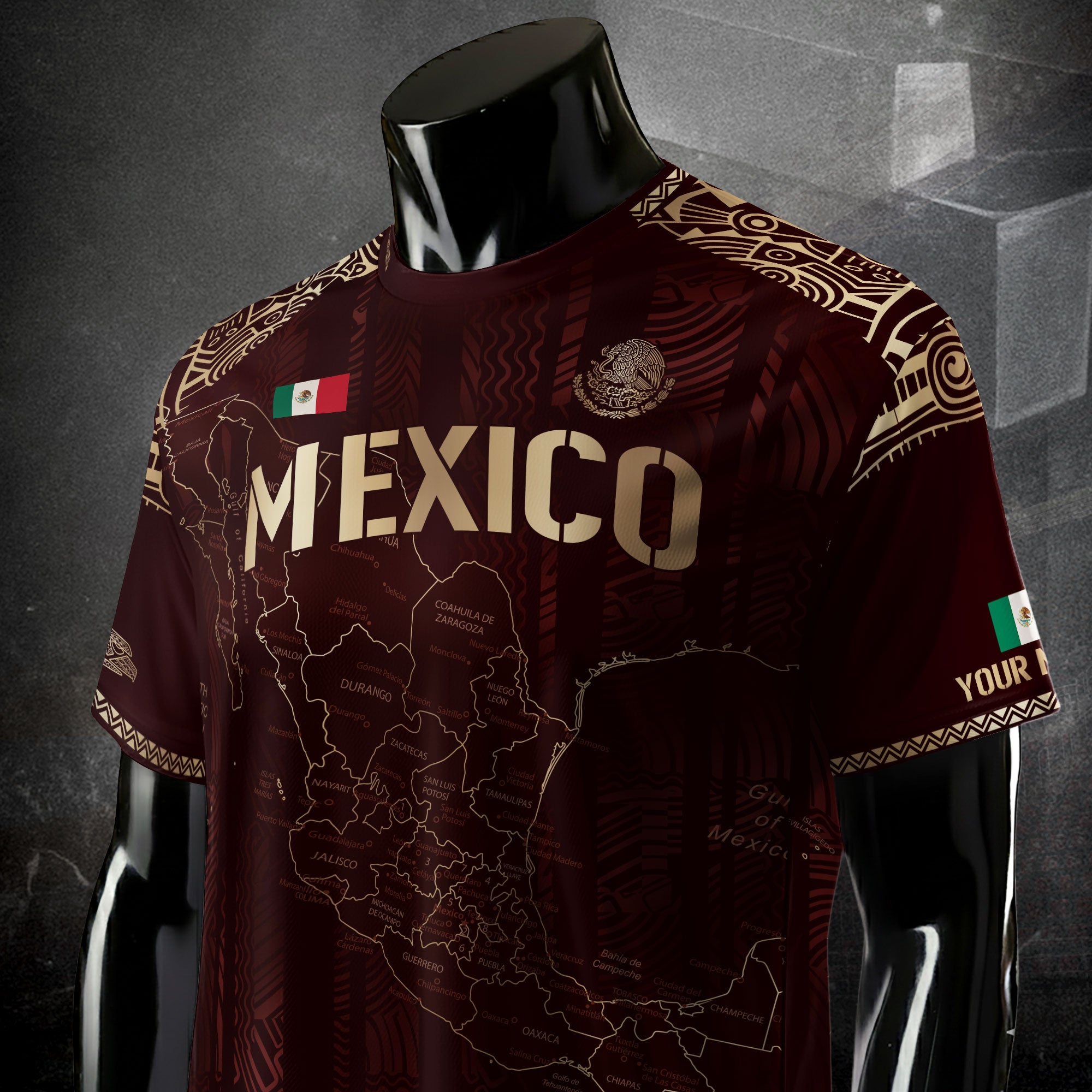 Custom Mexico Burgundy Soccer Jersey with Golden Aztec Map Design