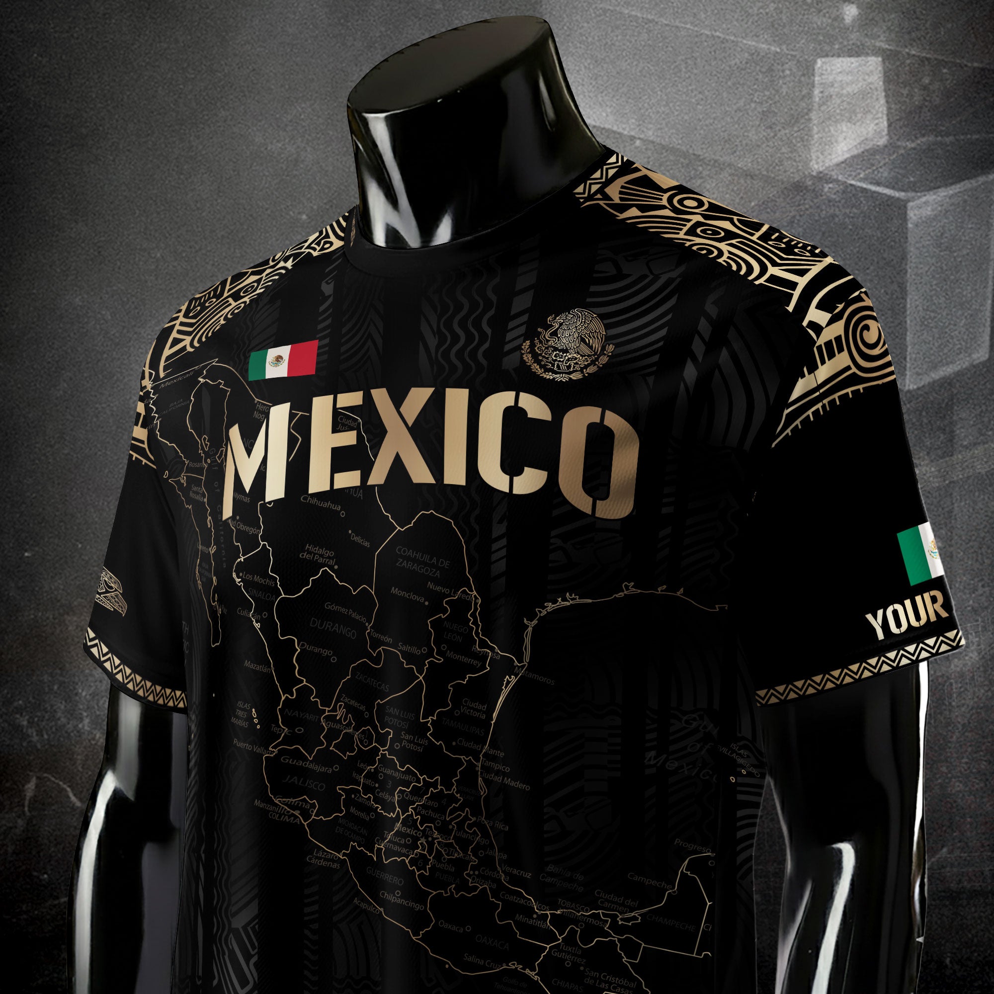 Custom Mexico Black Gold Soccer Jersey with Heritage Map and Aztec Details