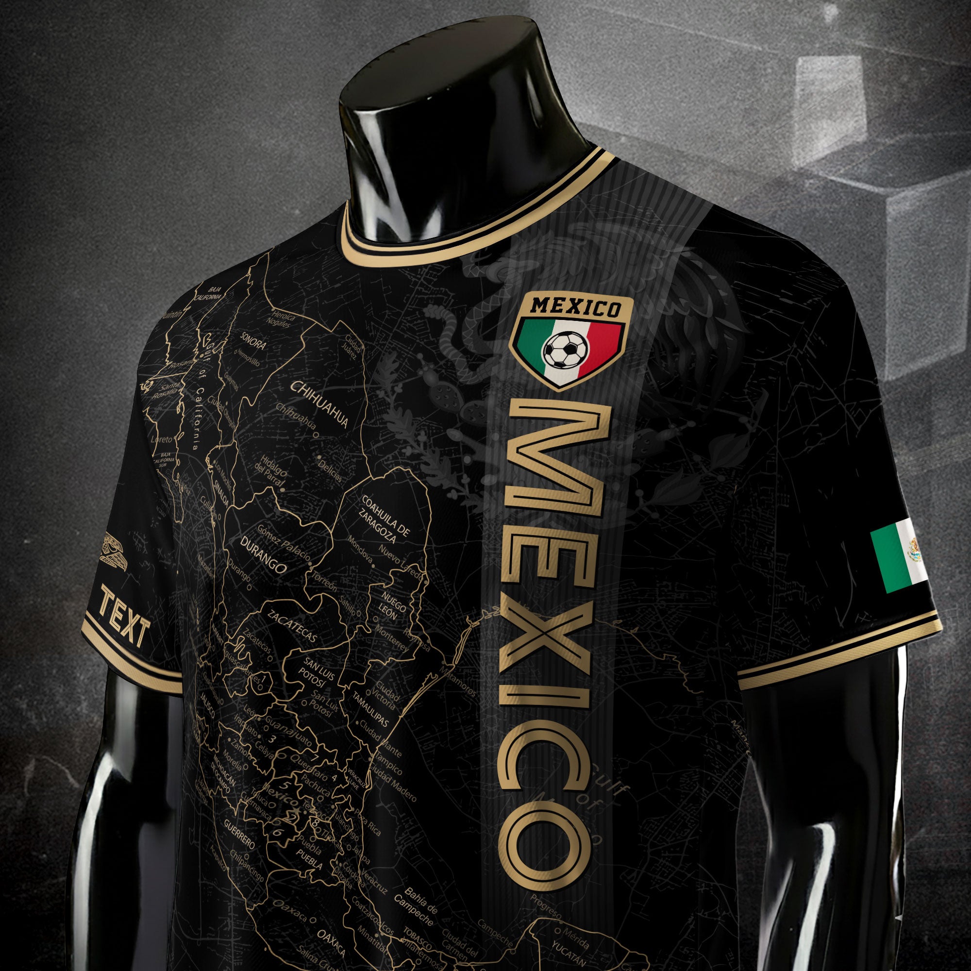 Custom Mexico Black Gold Soccer Jersey with Detailed Heritage Map Design