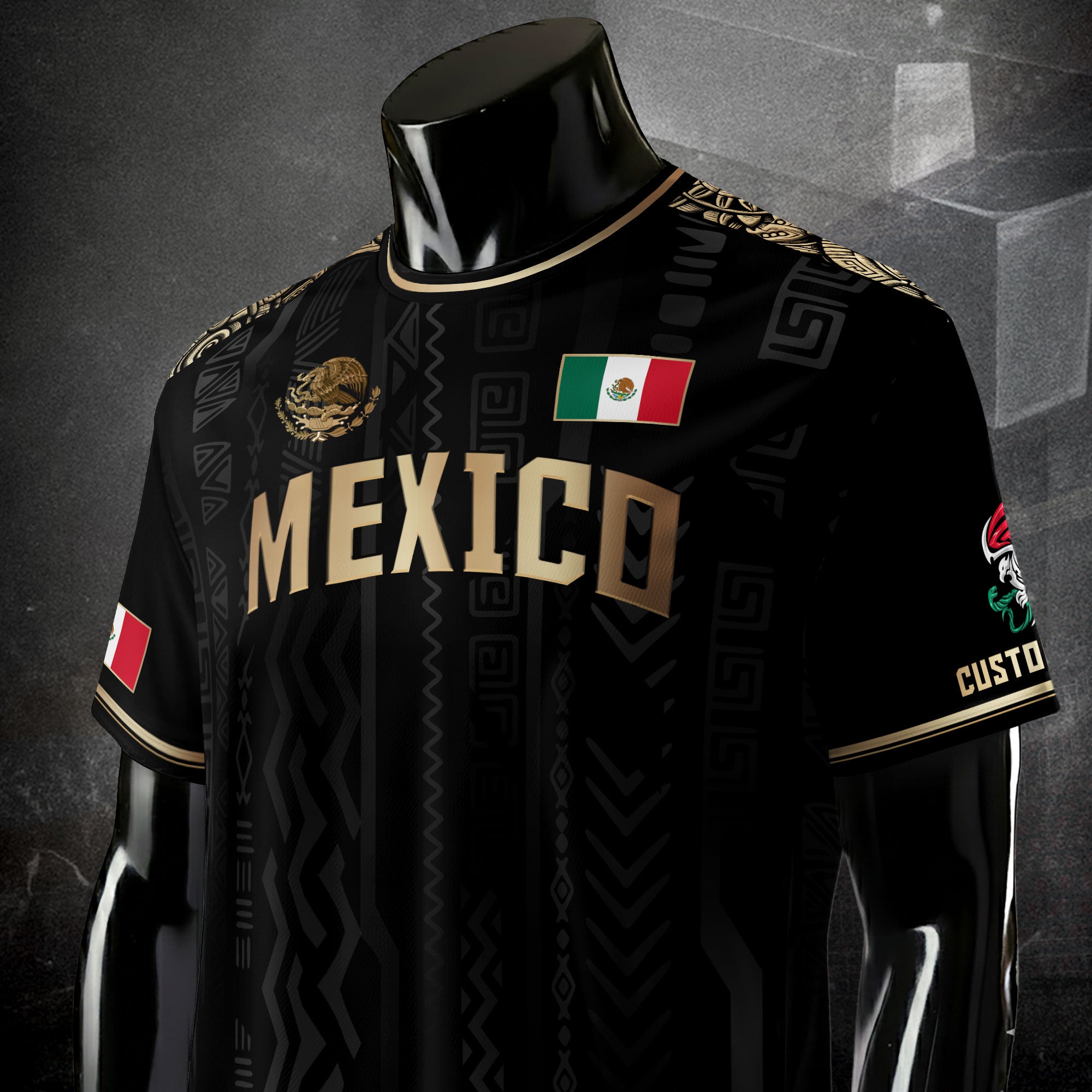 Custom Mexico Black Gold Aztec Pattern National Pride Soccer Jersey