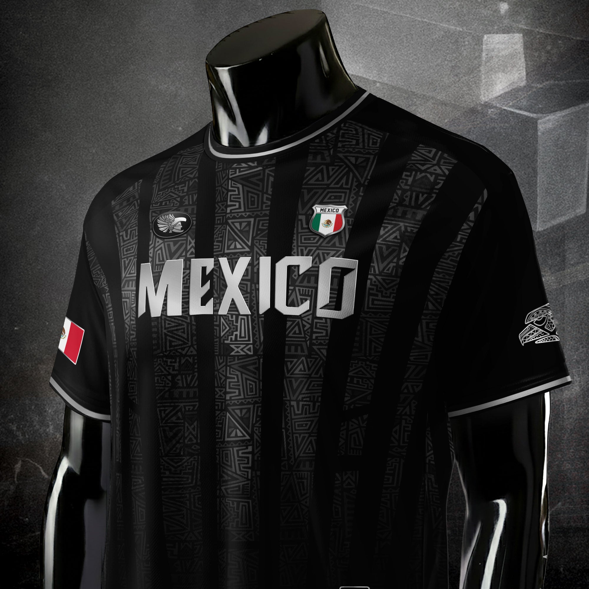 Mexico Black Silver Aztec Pattern Heritage Soccer Jersey