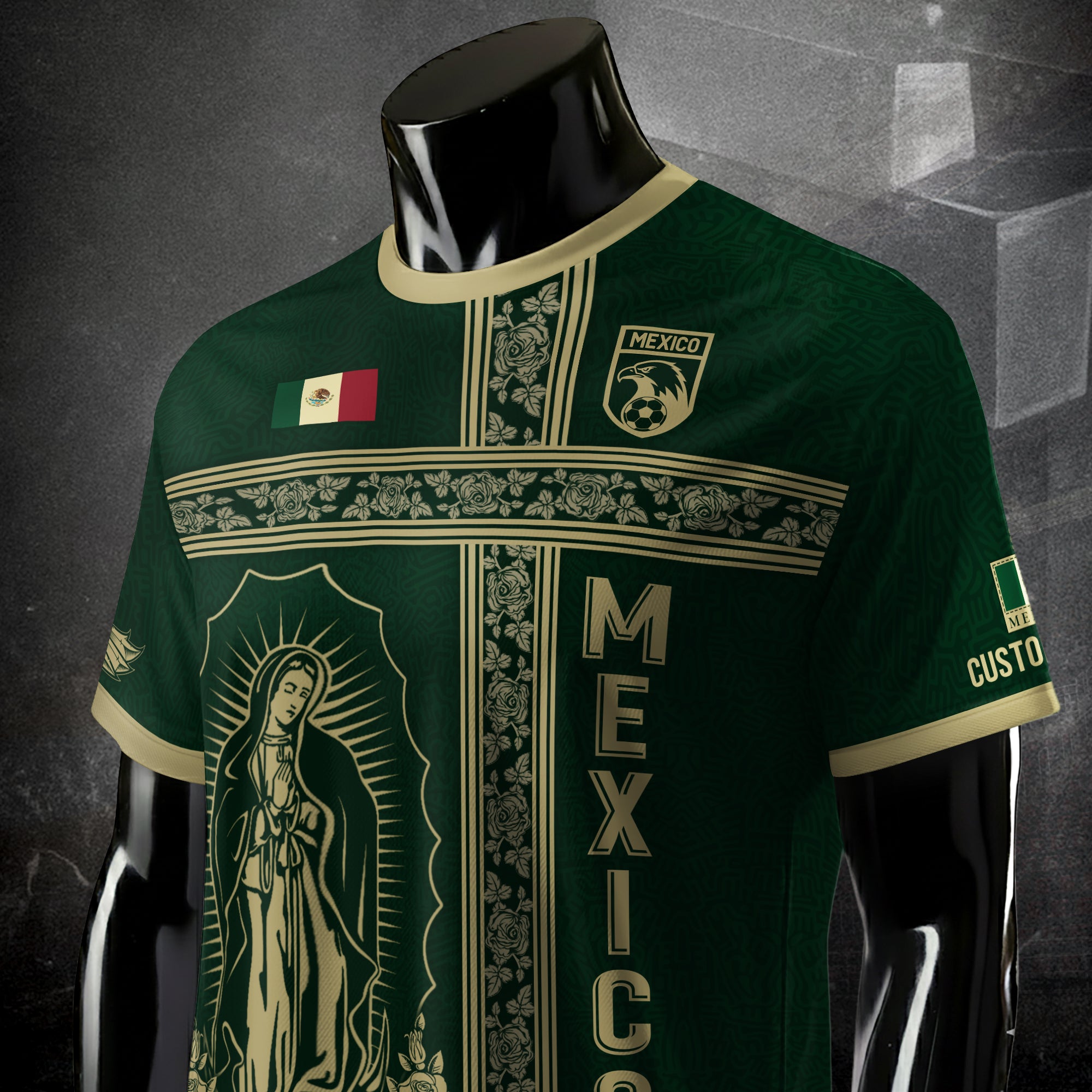 Custom Mexico Jersey Green Gold Our Lady of Guadalupe Design