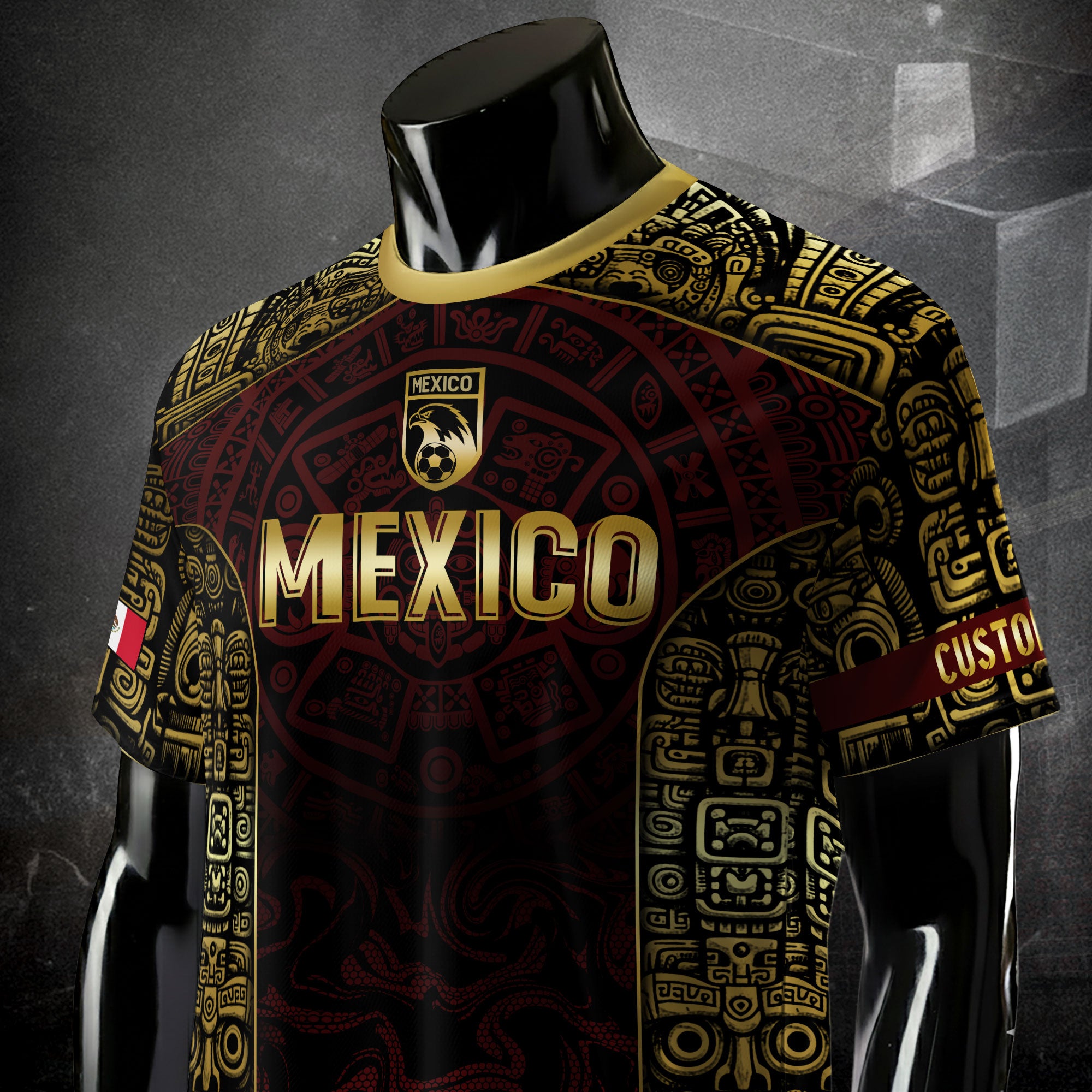 Custom Mexico Jersey Black Red Gold Aztec Calendar Design