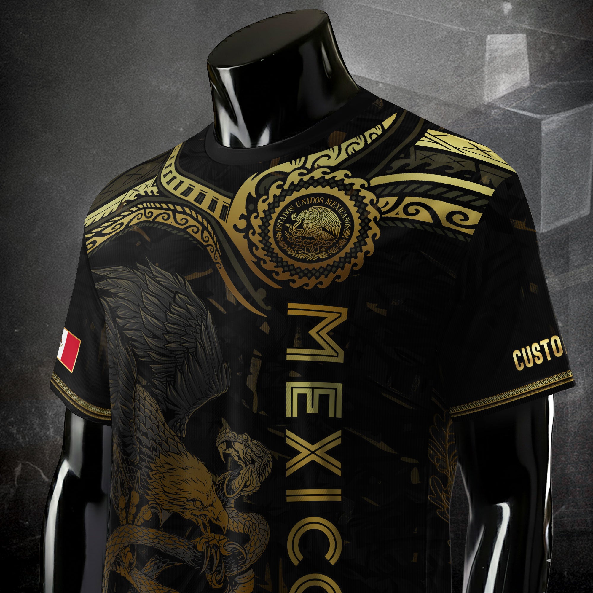 Custom Mexico Jersey Black Gold Eagle Serpent Aztec Design