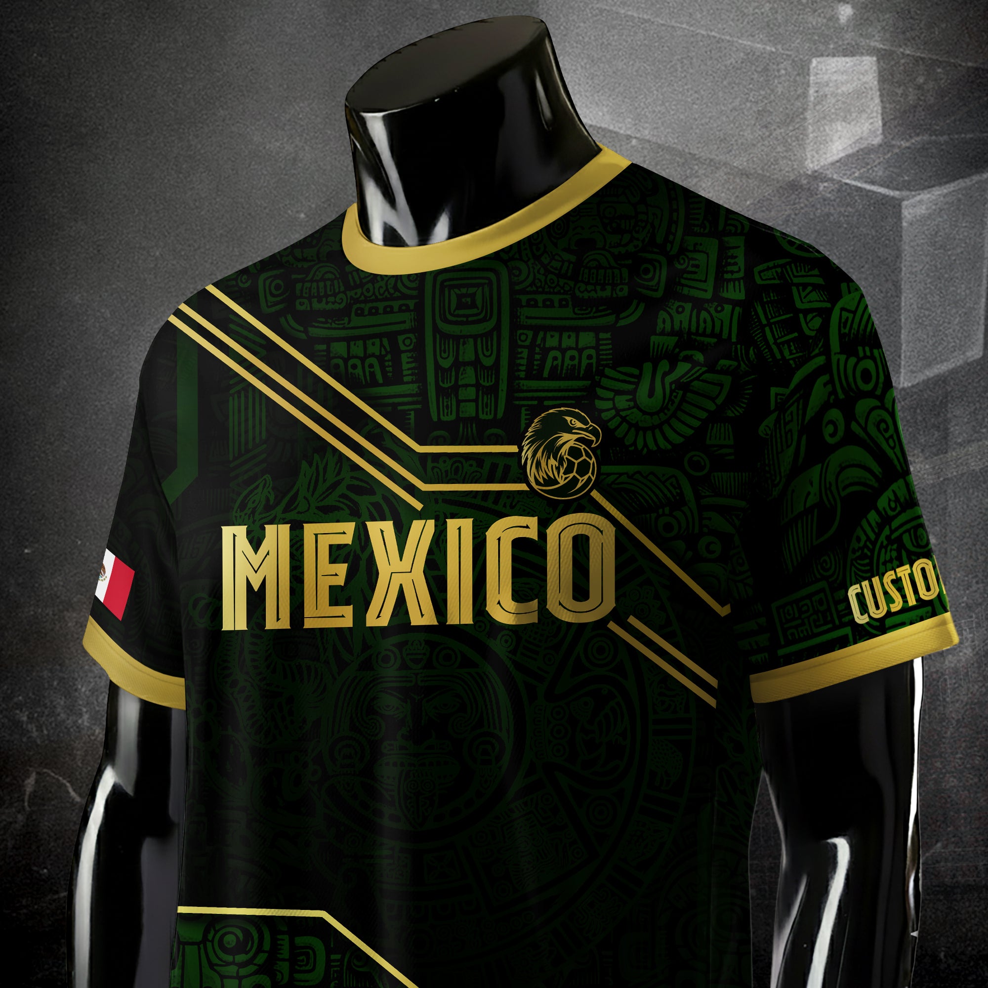 Custom Mexico Jersey Black Green Gold Aztec Heritage Design