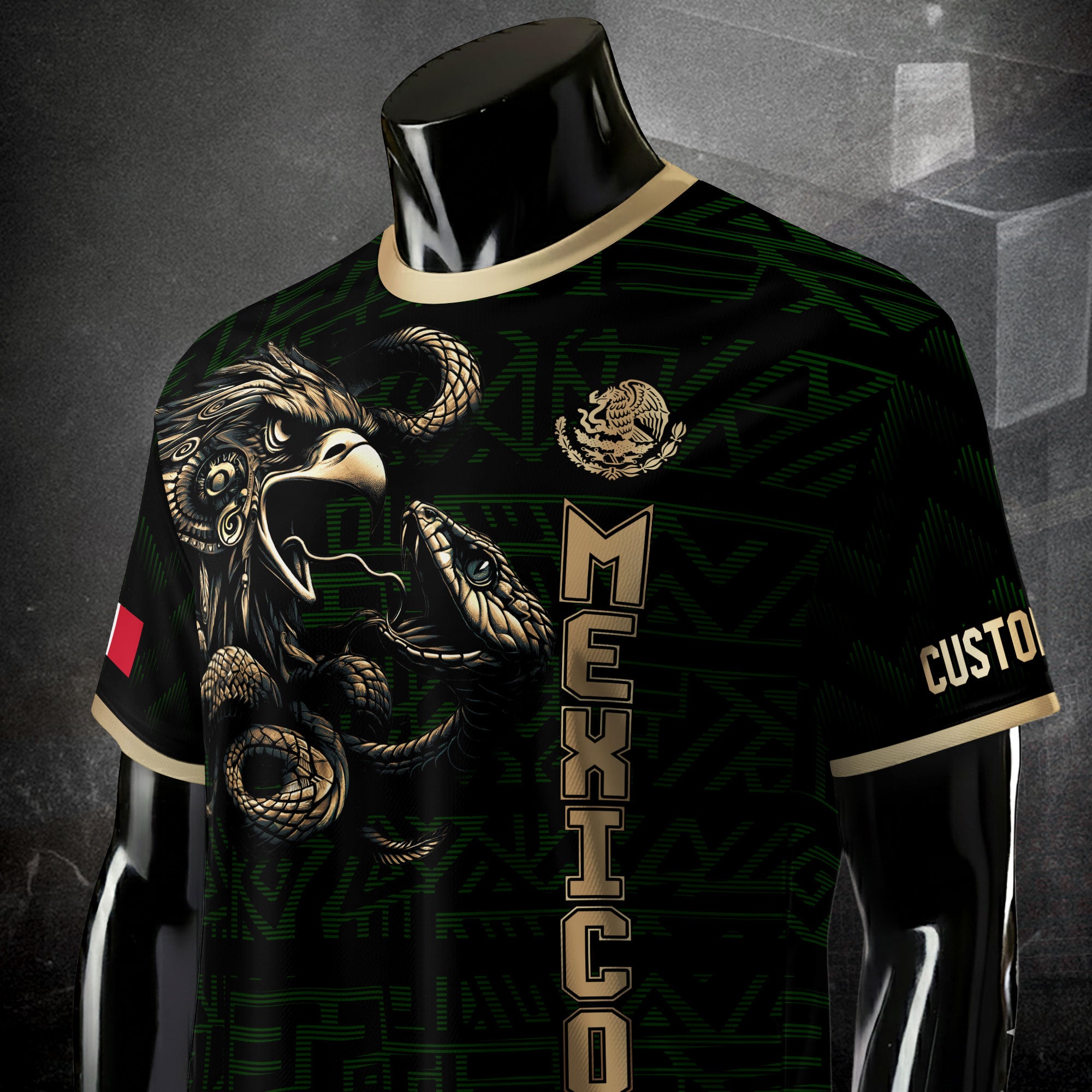 Custom Mexico Soccer Jersey Black Gold Aztec Eagle Design