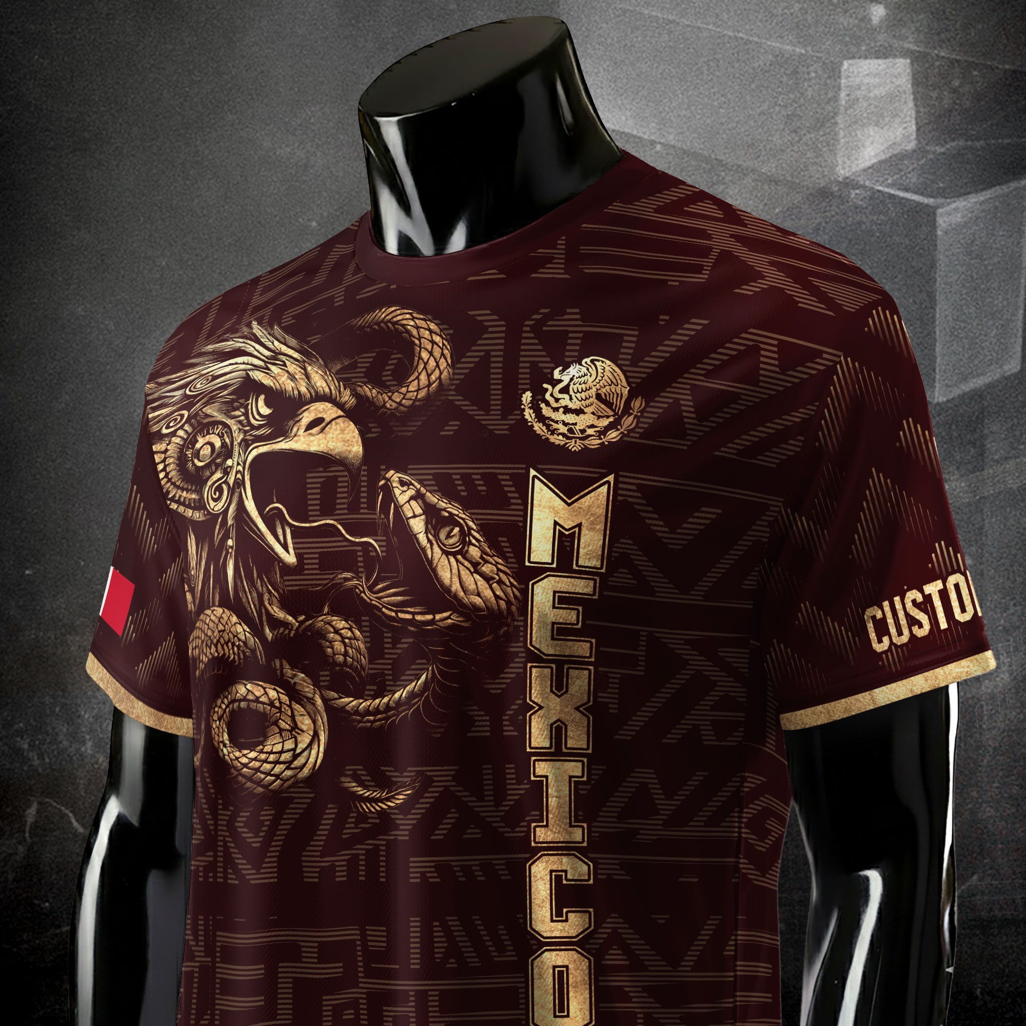 Custom Mexico Soccer Jersey Burgundy Gold Aztec Eagle Design