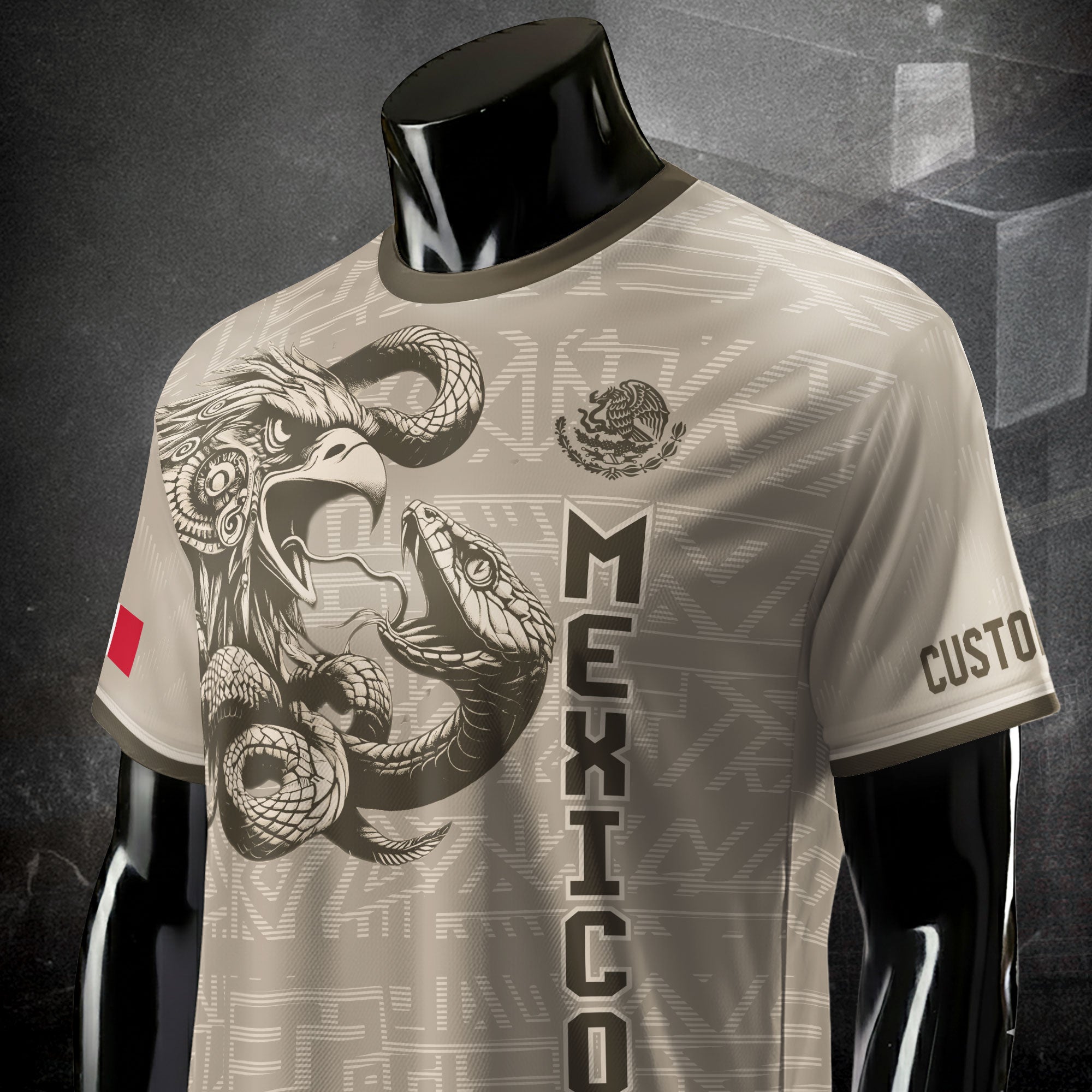 Custom Mexico Soccer Jersey Beige Aztec Eagle Design
