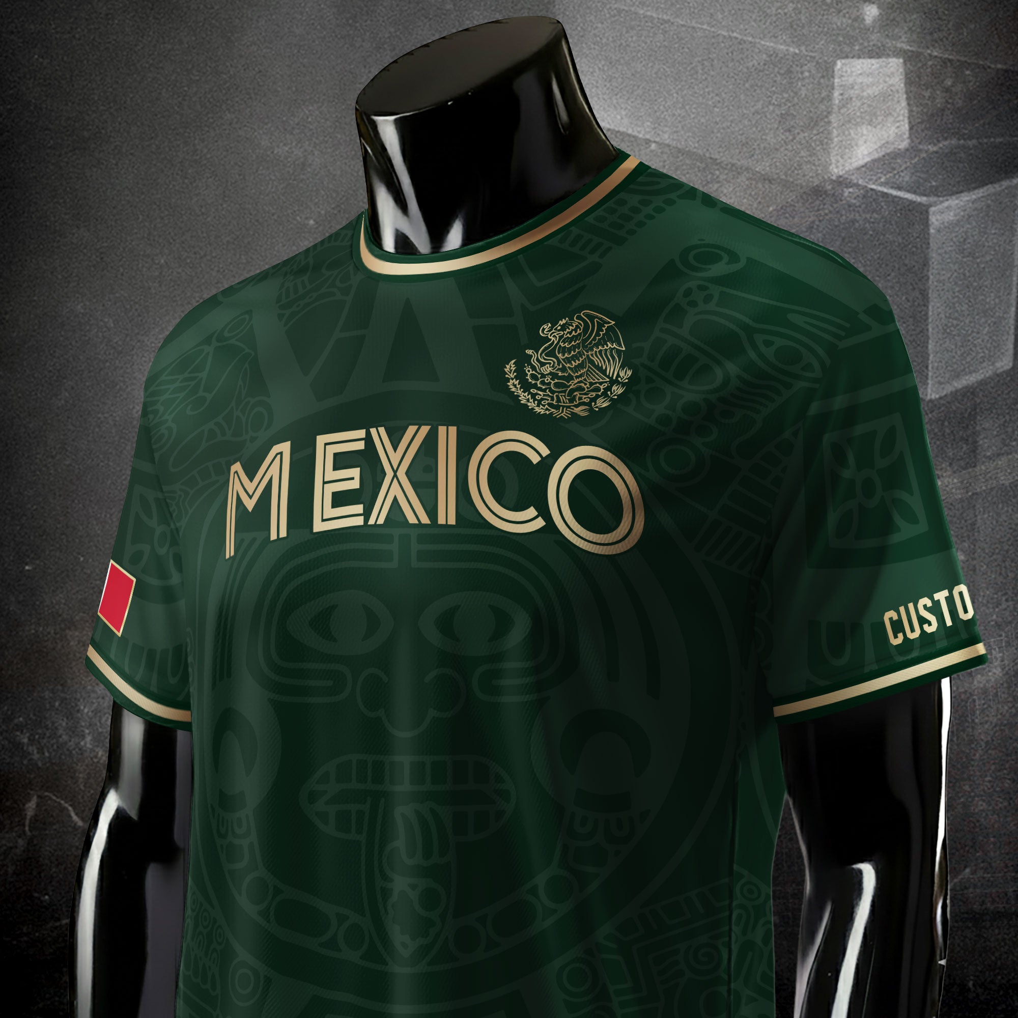 Custom Mexico Soccer Jersey Green Gold Aztec Calendar Design