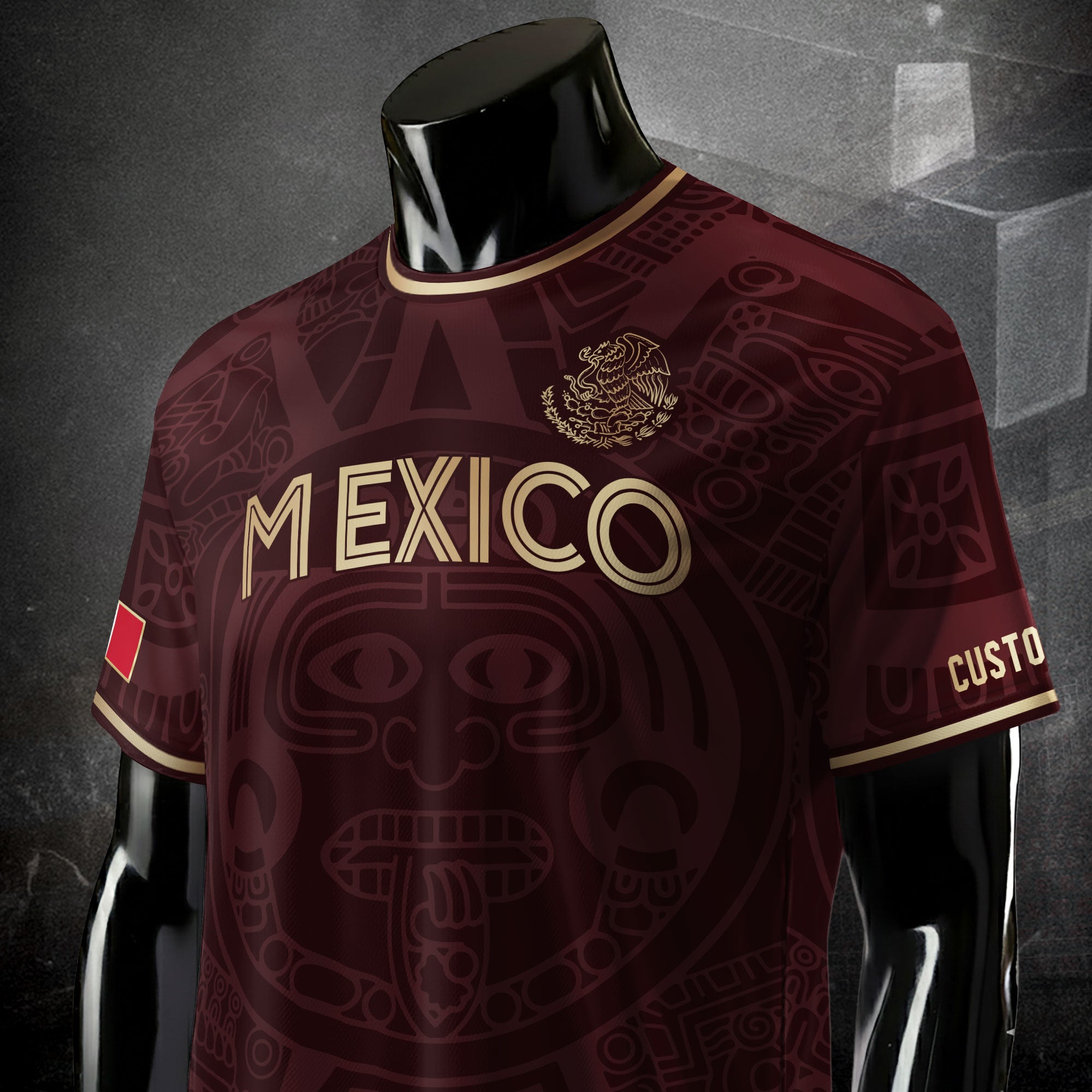Custom Mexico Soccer Jersey Maroon Gold Aztec Calendar Design