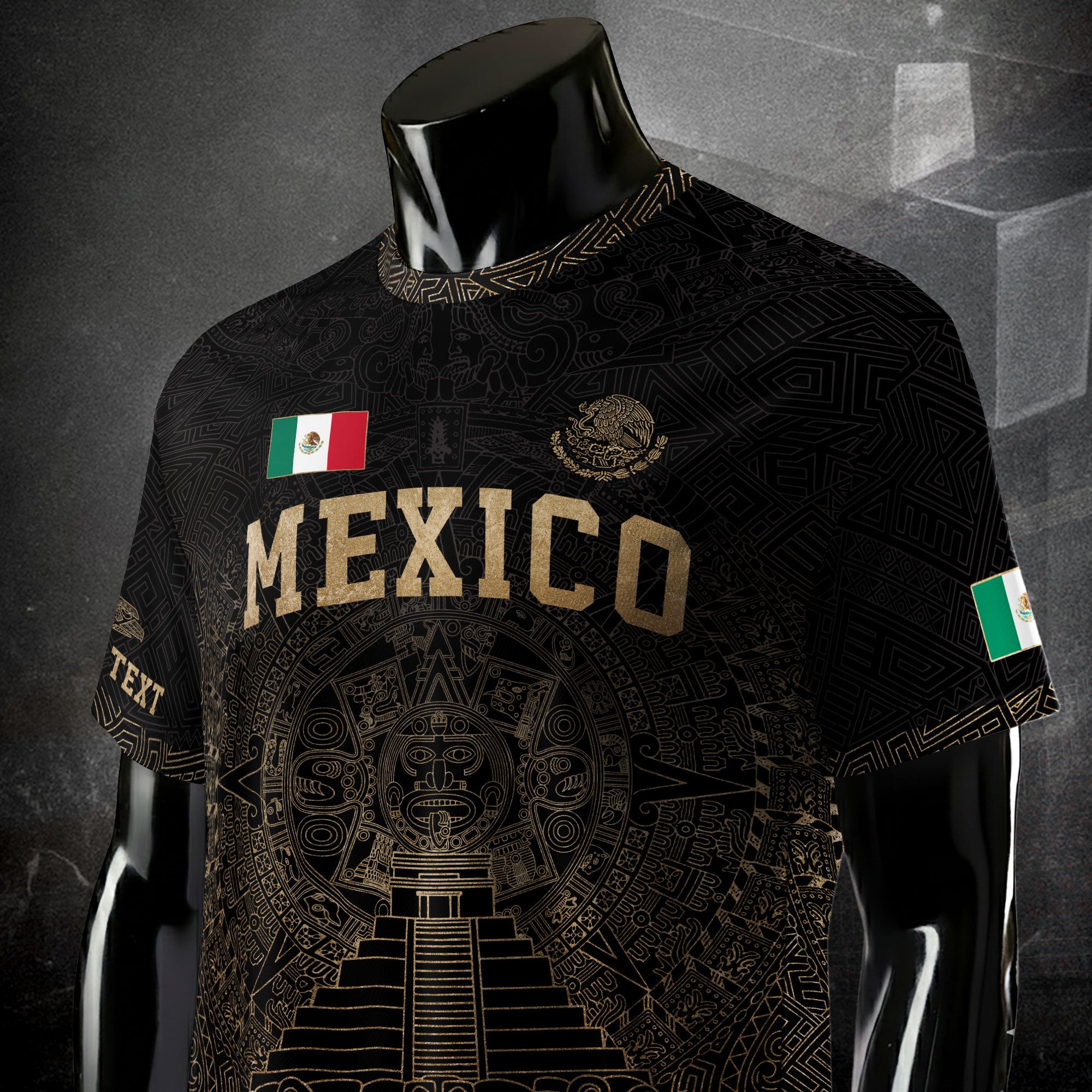 Custom Mexico Soccer Jersey Black Gold Aztec Calendar Heritage Design