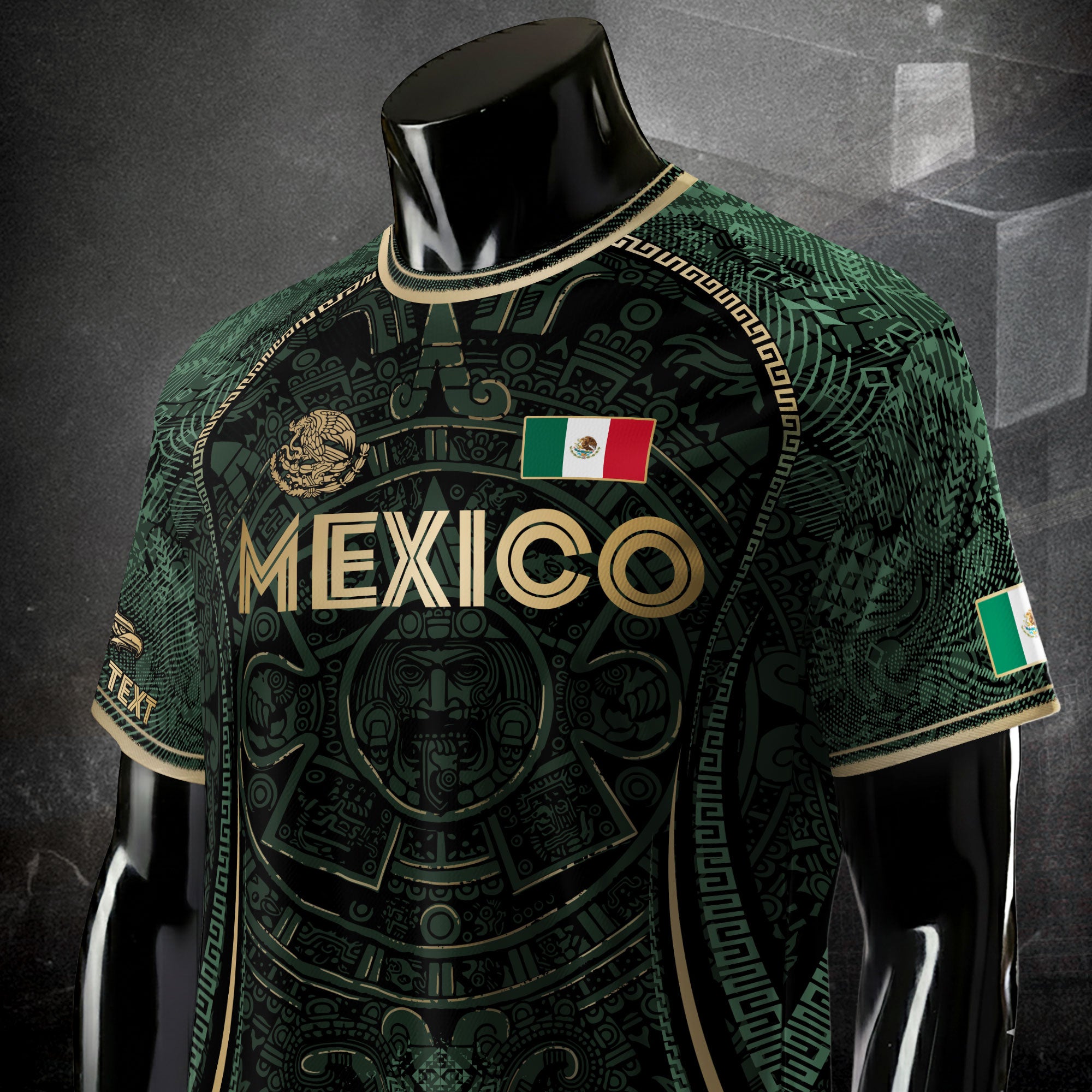 Custom Mexico Soccer Jersey Green Gold Aztec Calendar Heritage Design