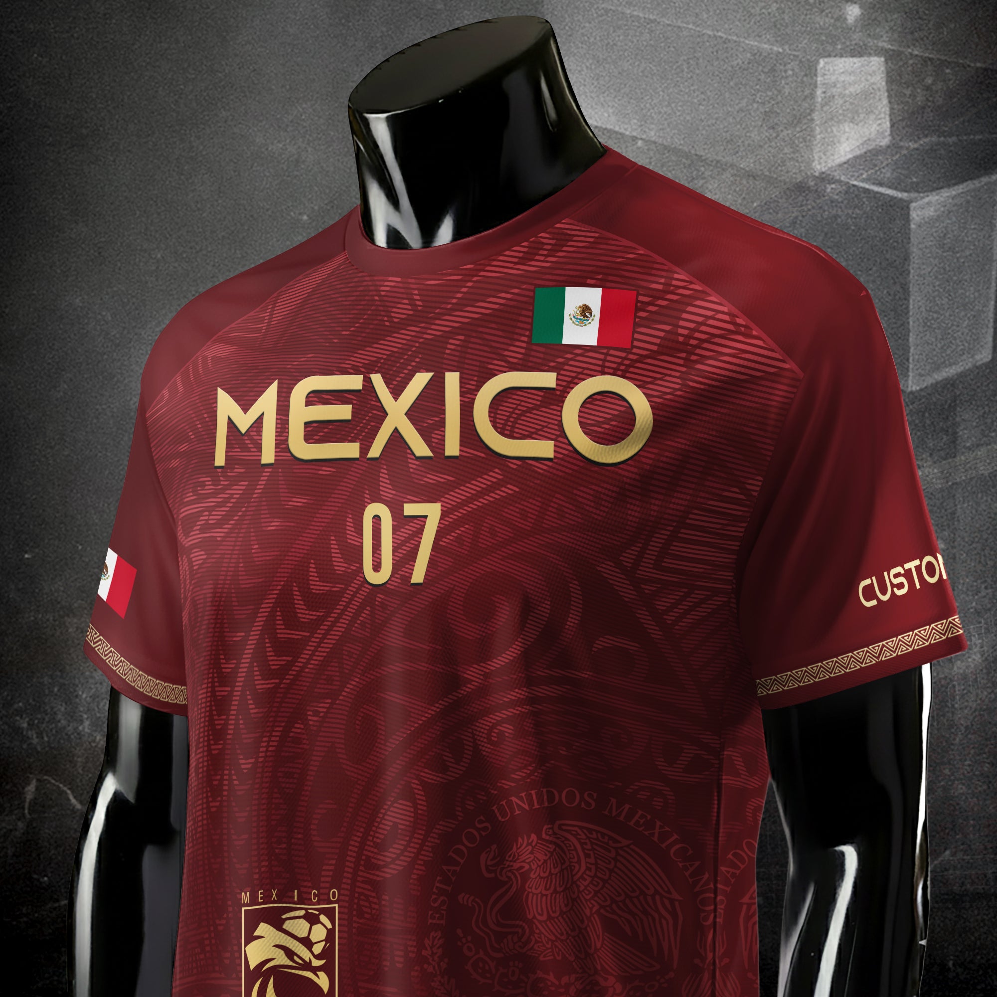 Custom Mexico Soccer Jersey Burgundy Gold Eagle Pattern Design