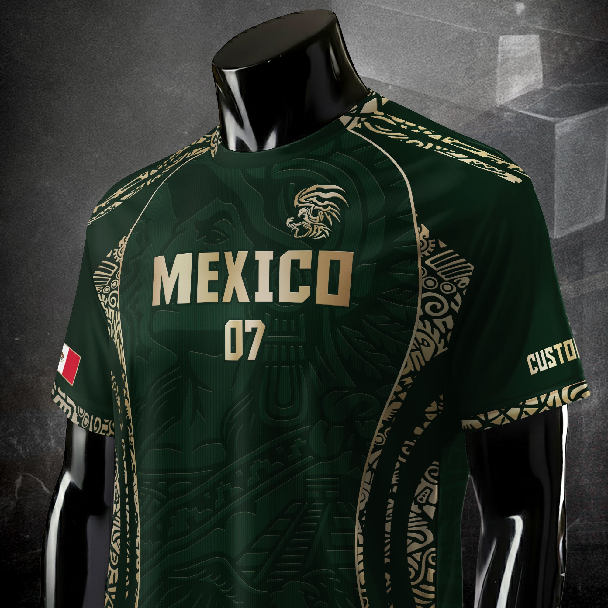 Custom Mexico Soccer Jersey Dark Green Gold Aztec Eagle Design
