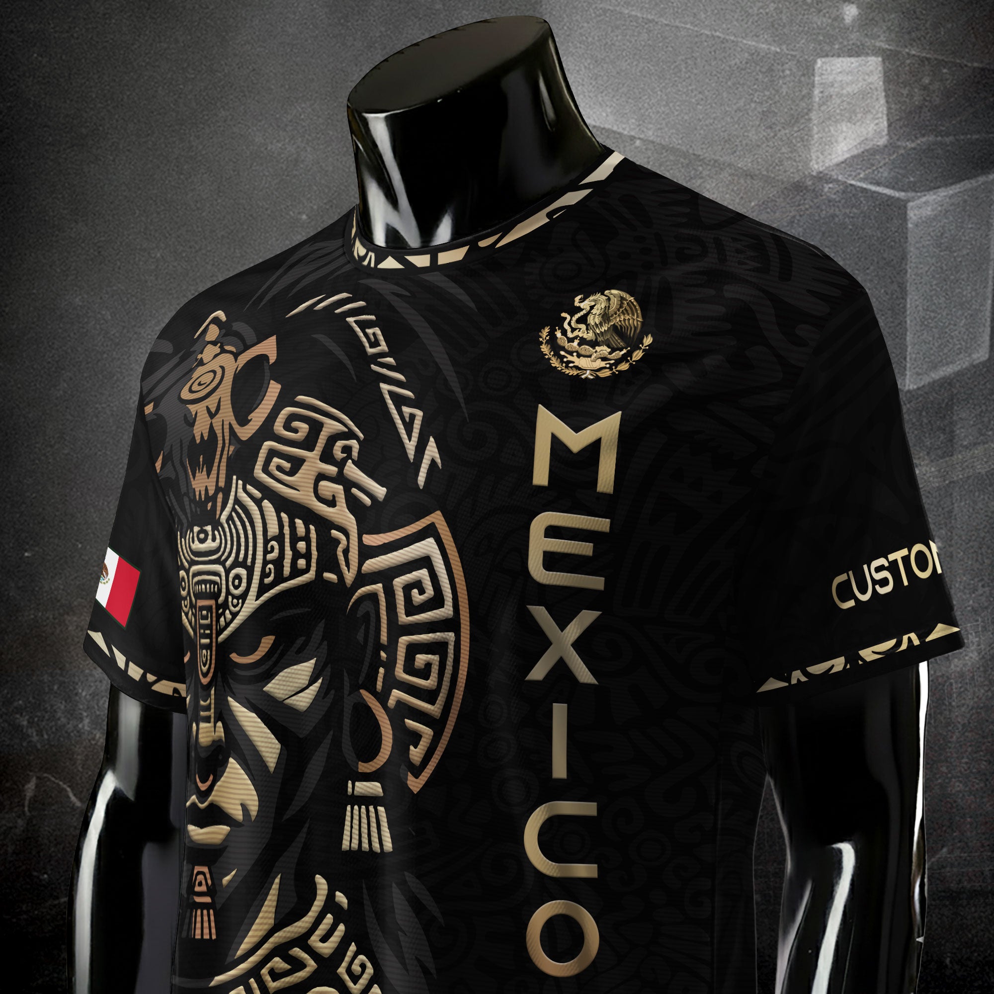 Custom Mexico Soccer Jersey Black Gold Aztec Warrior Face Design