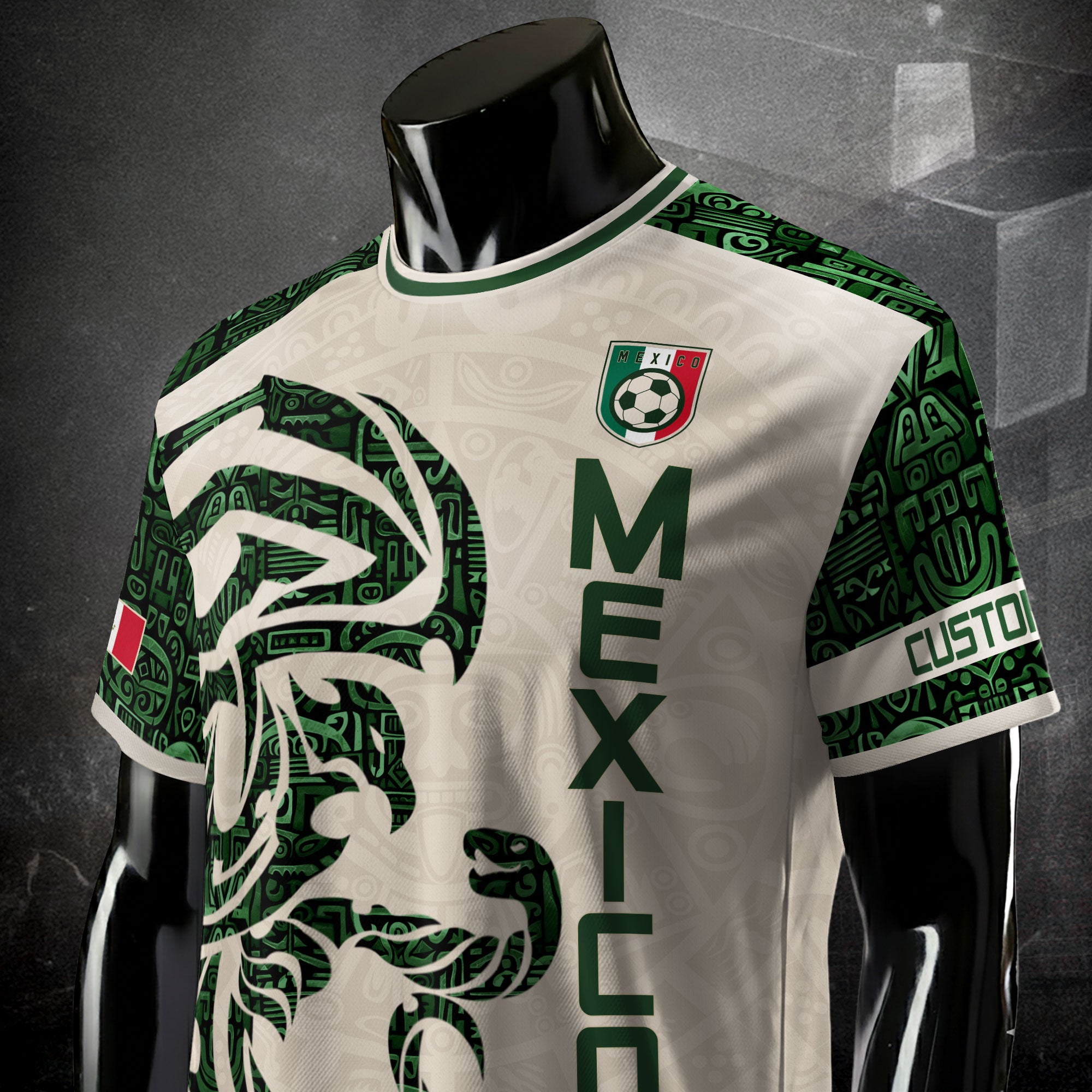 Custom Mexico Soccer Jersey Beige Green Aztec Design
