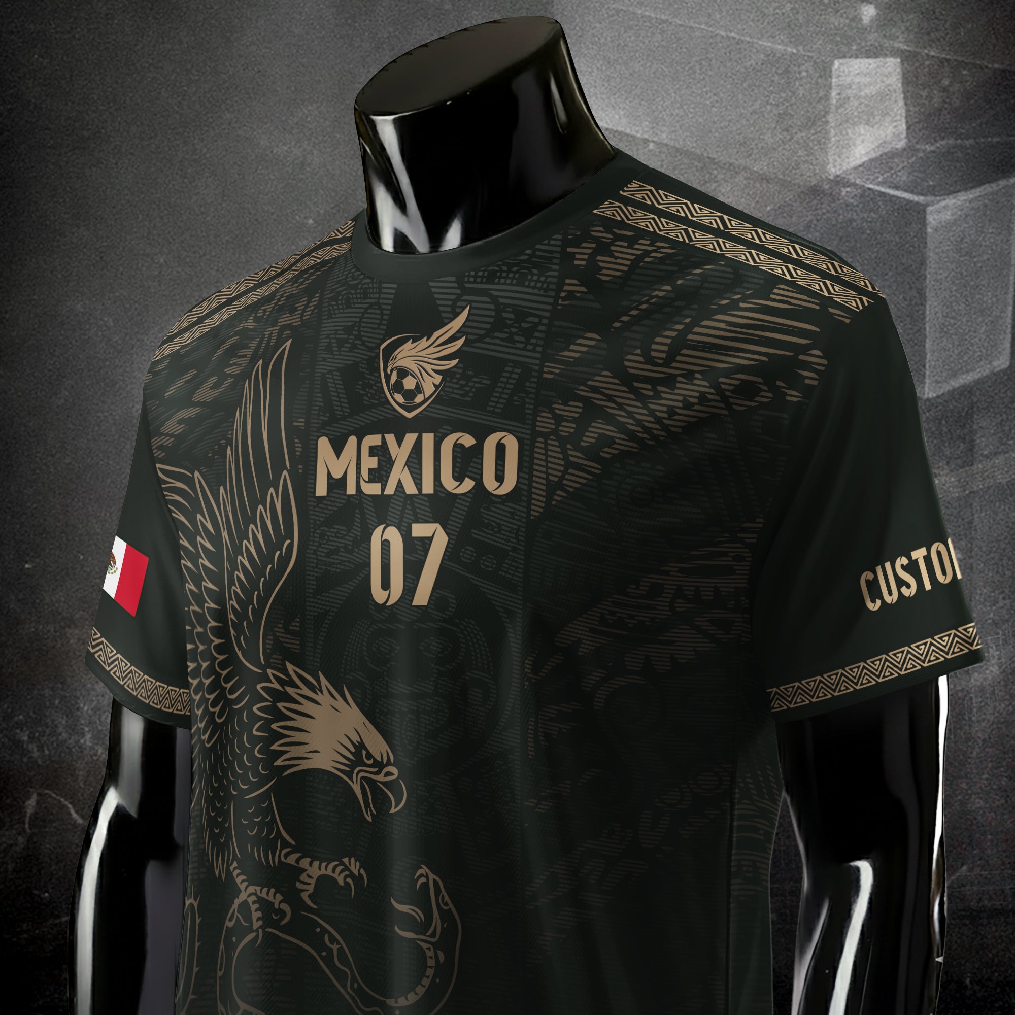 Custom Mexico Soccer Jersey Black Gold Eagle Design