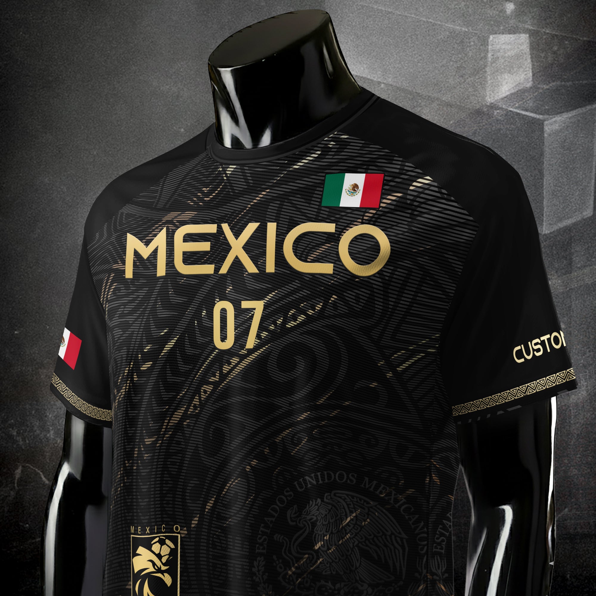 Custom Black Gold Mexico Soccer Jersey with Eagle Design