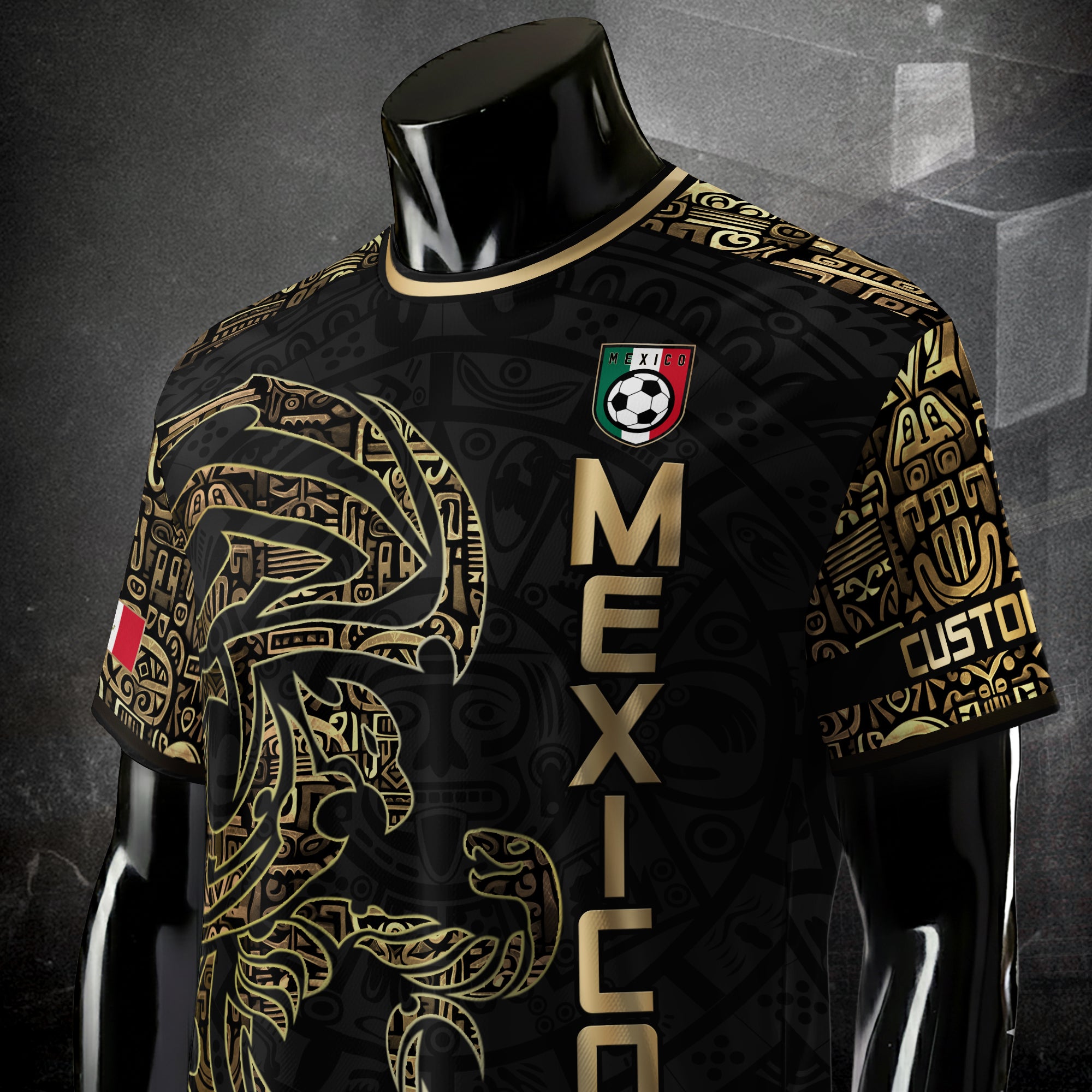 Custom Black Gold Mexico Jersey with Tribal Design