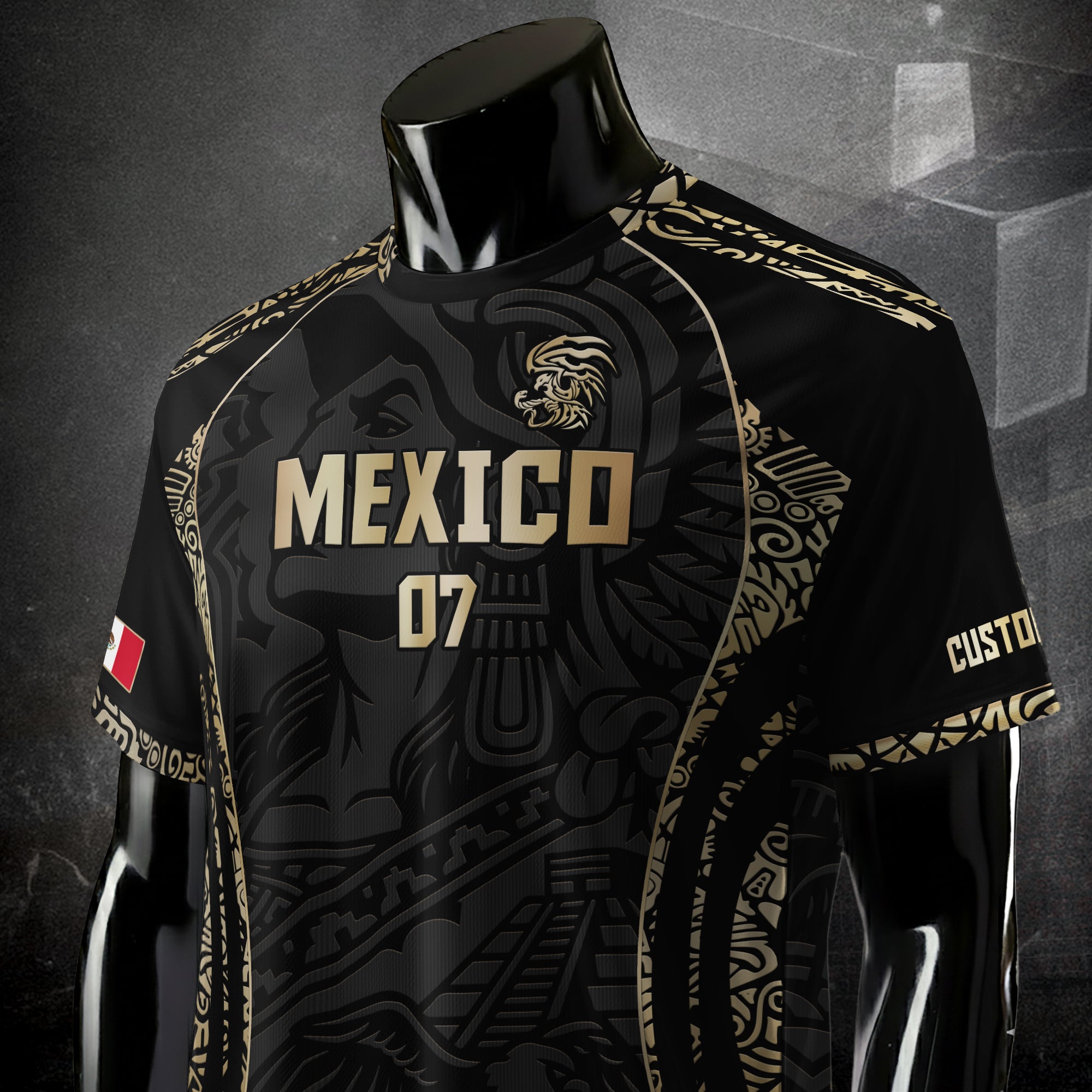 Custom Mexico Soccer Jersey Black Gold Aztec Eagle Pyramid Design