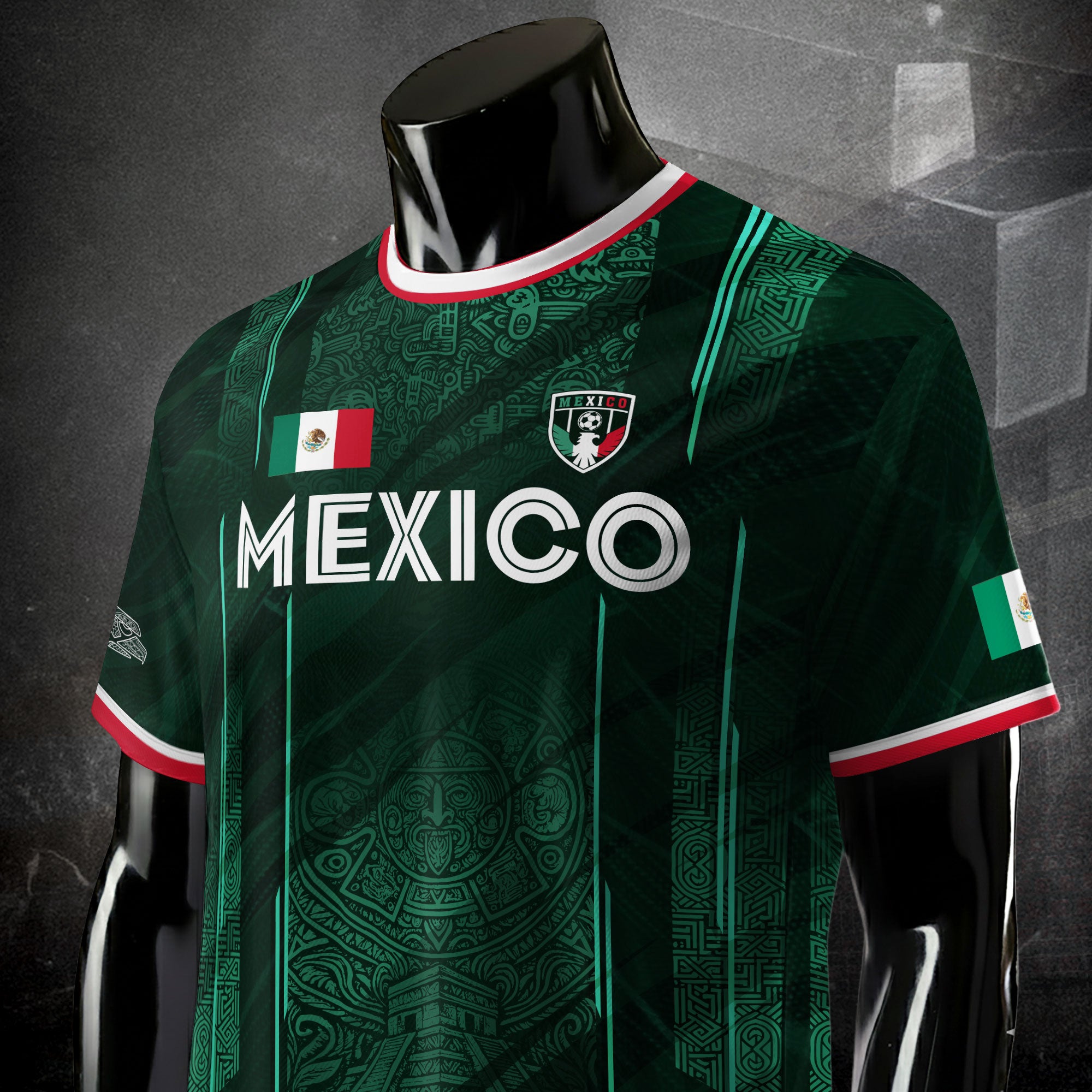 Mexico Soccer Jersey Green Aztec Calendar National Emblem Design
