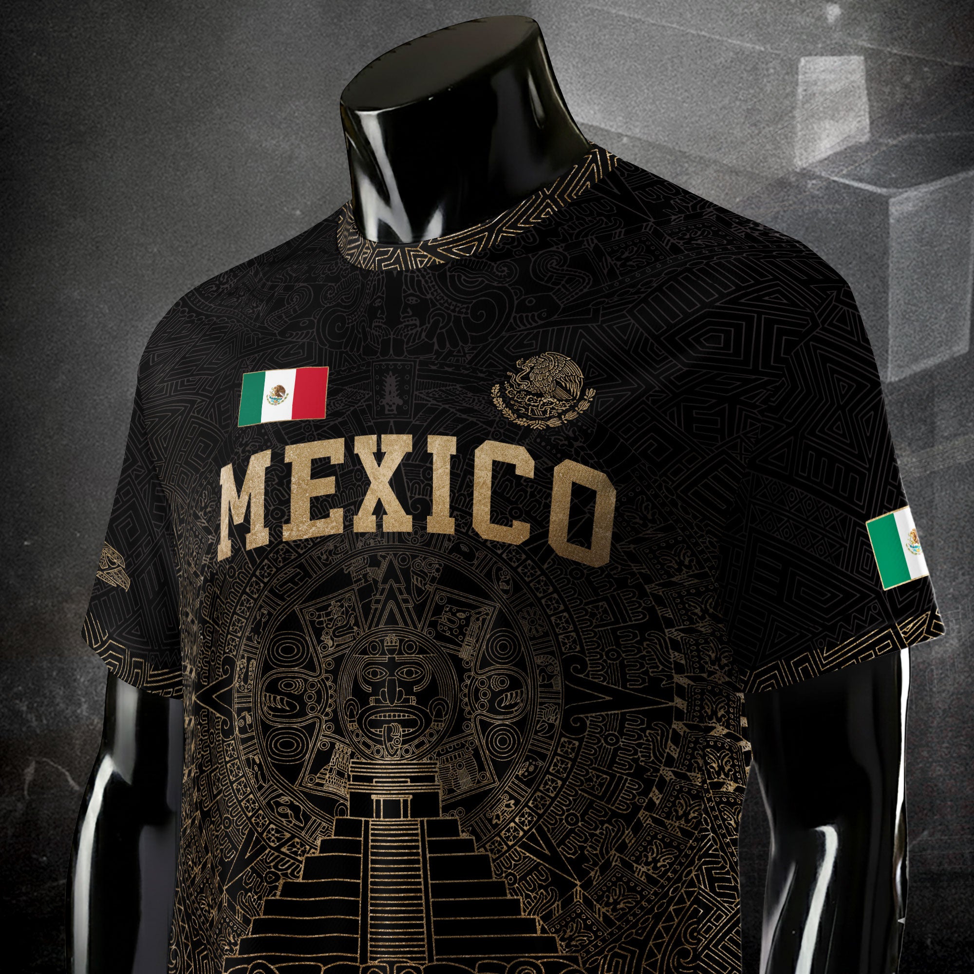 Mexico Soccer Jersey Black Gold Aztec Calendar Eagle Emblem Design