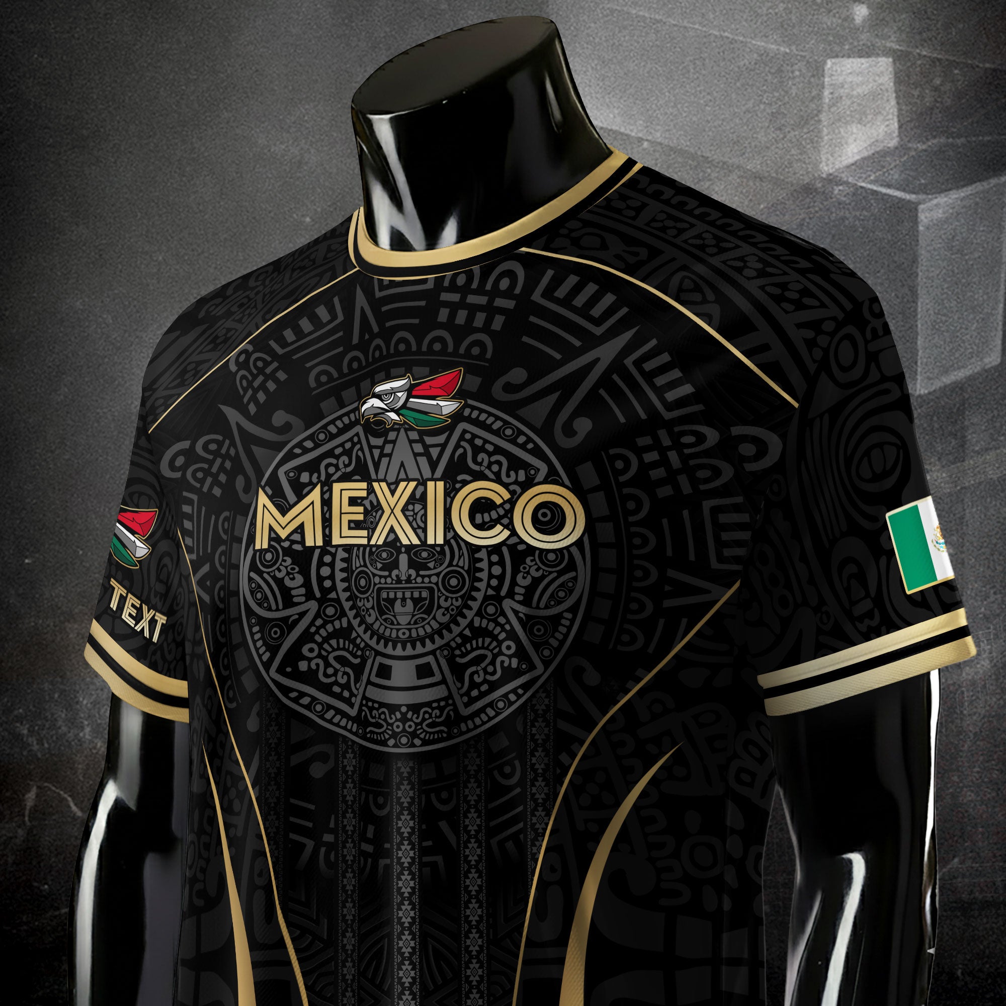 Custom Mexico Soccer Jersey Black Gold Aztec Calendar Design