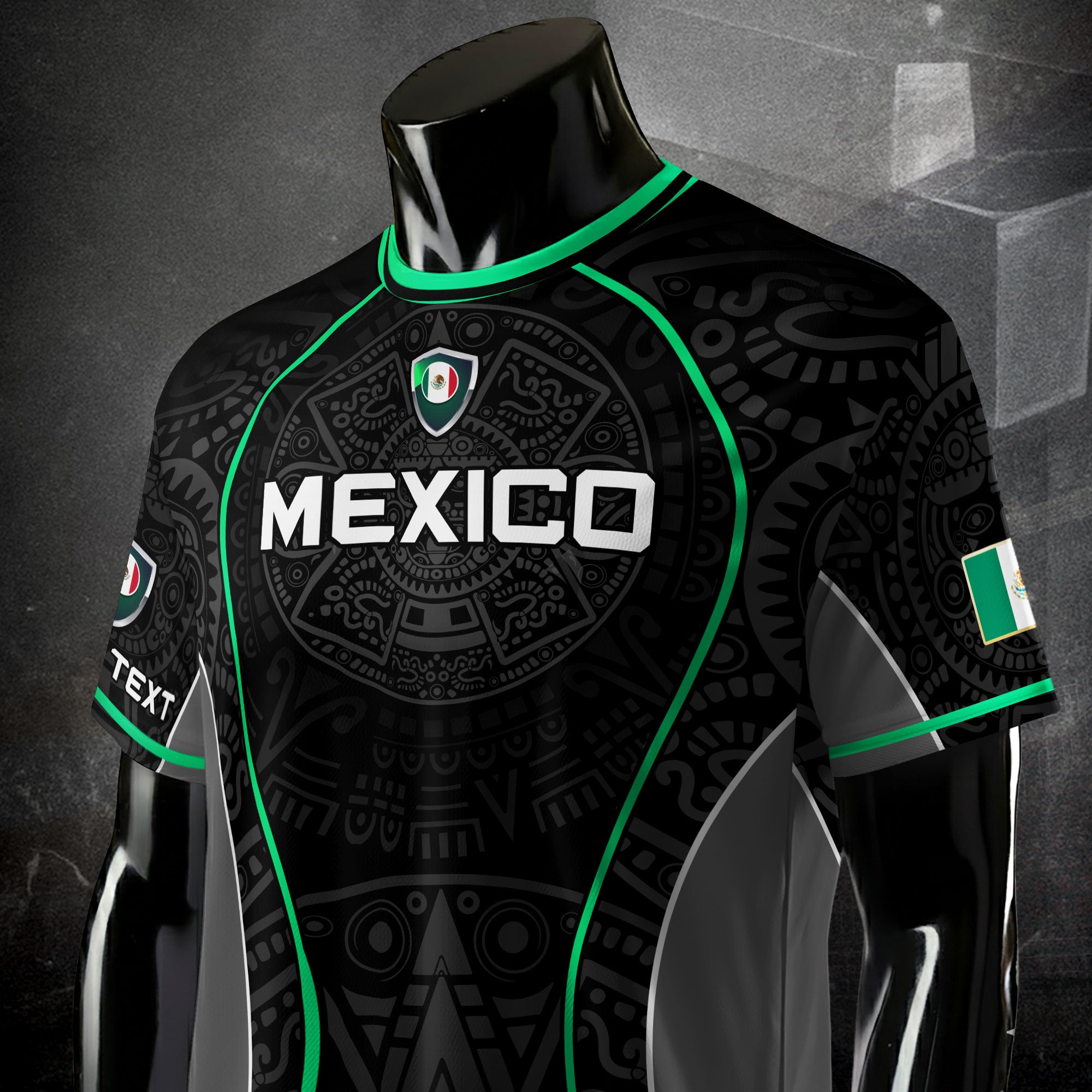 Custom Mexico Soccer Jersey Black Green Aztec Pattern Design