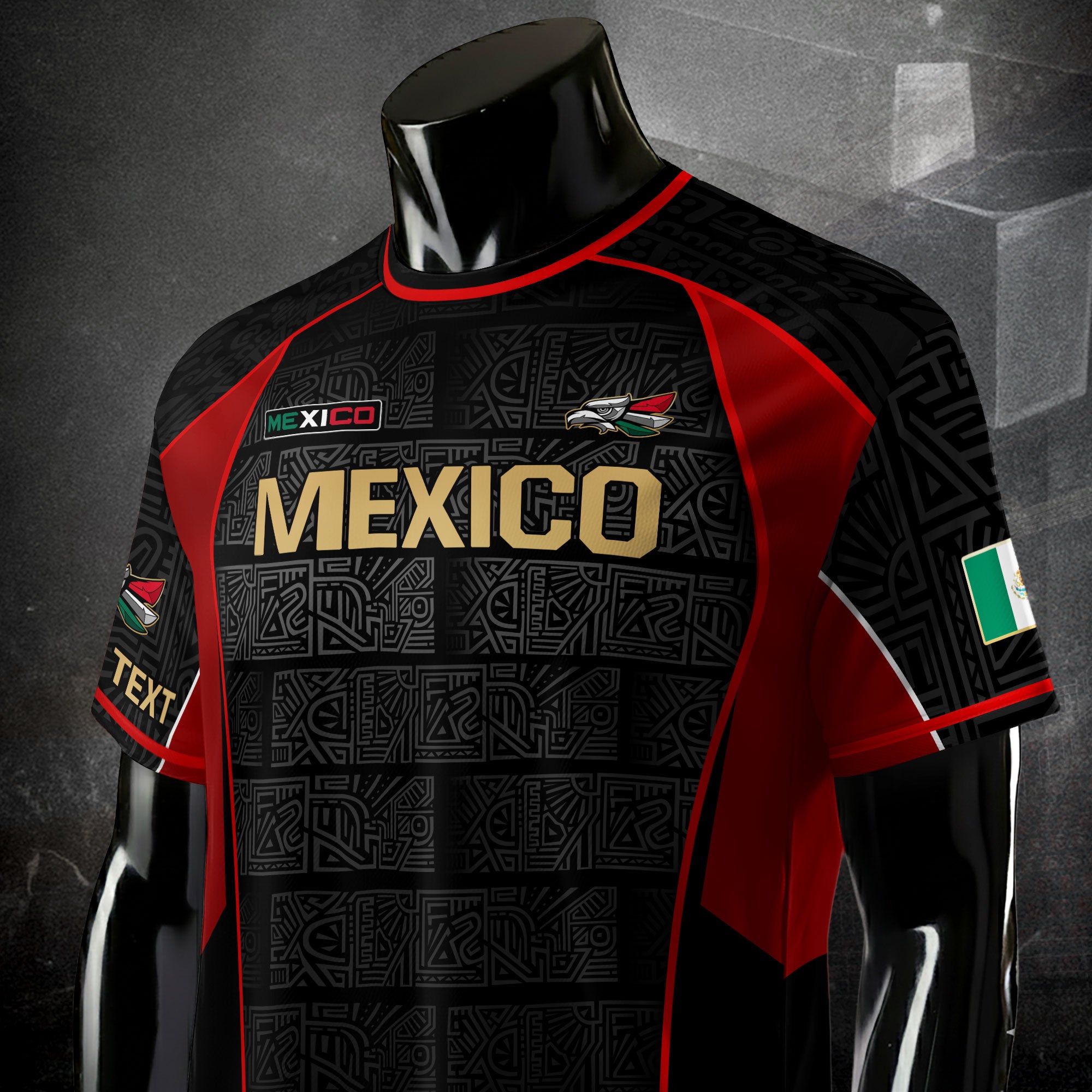 Custom Mexico Soccer Jersey Black Red Gold Aztec Pattern Design