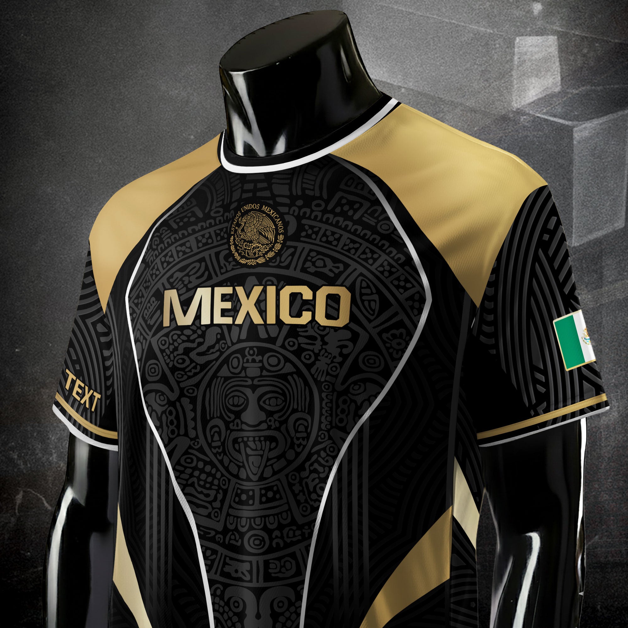Custom Mexico Soccer Jersey Black Gold Heritage Aztec Pattern Design