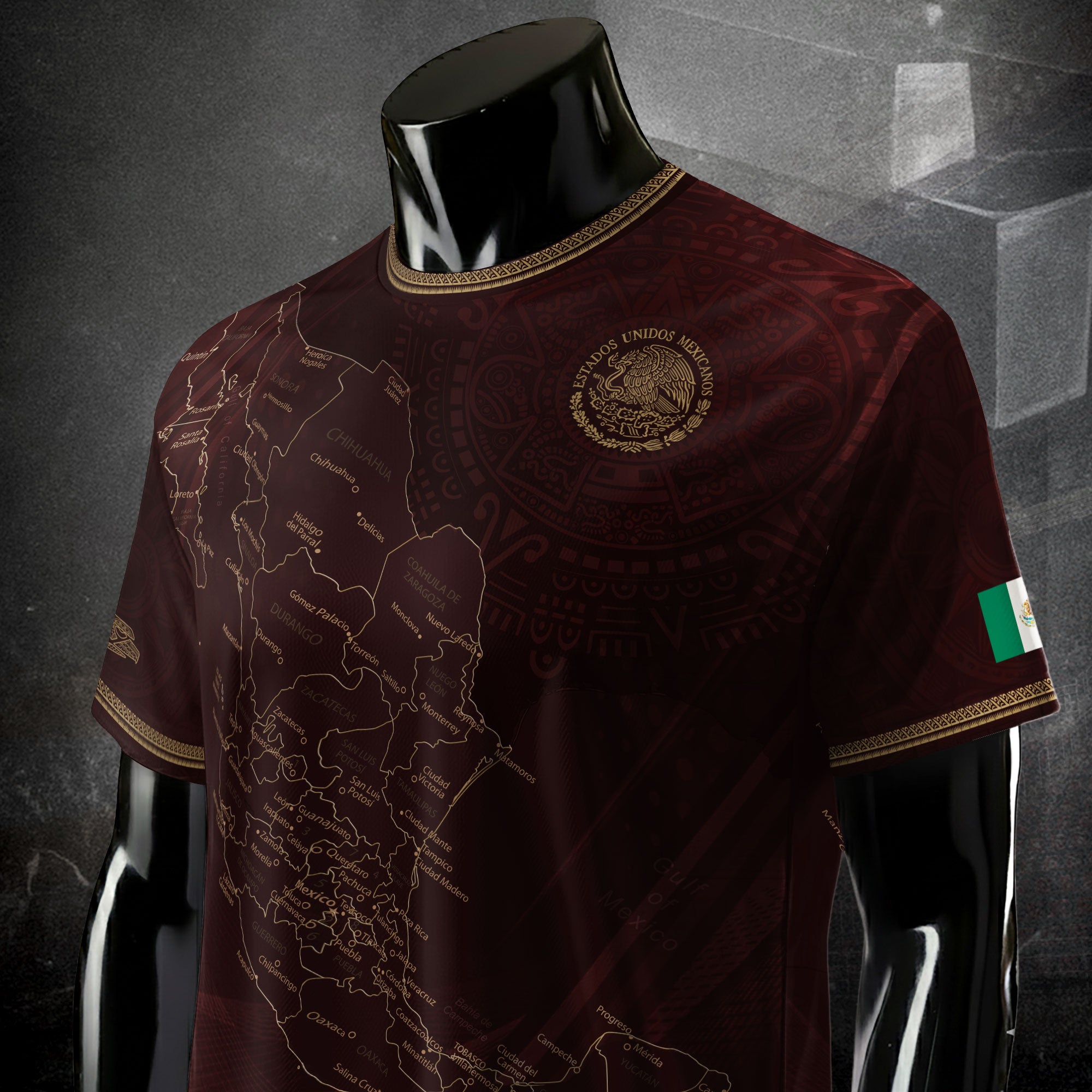 Mexico Burgundy Map Design Aztec Heritage Pride Soccer Jersey