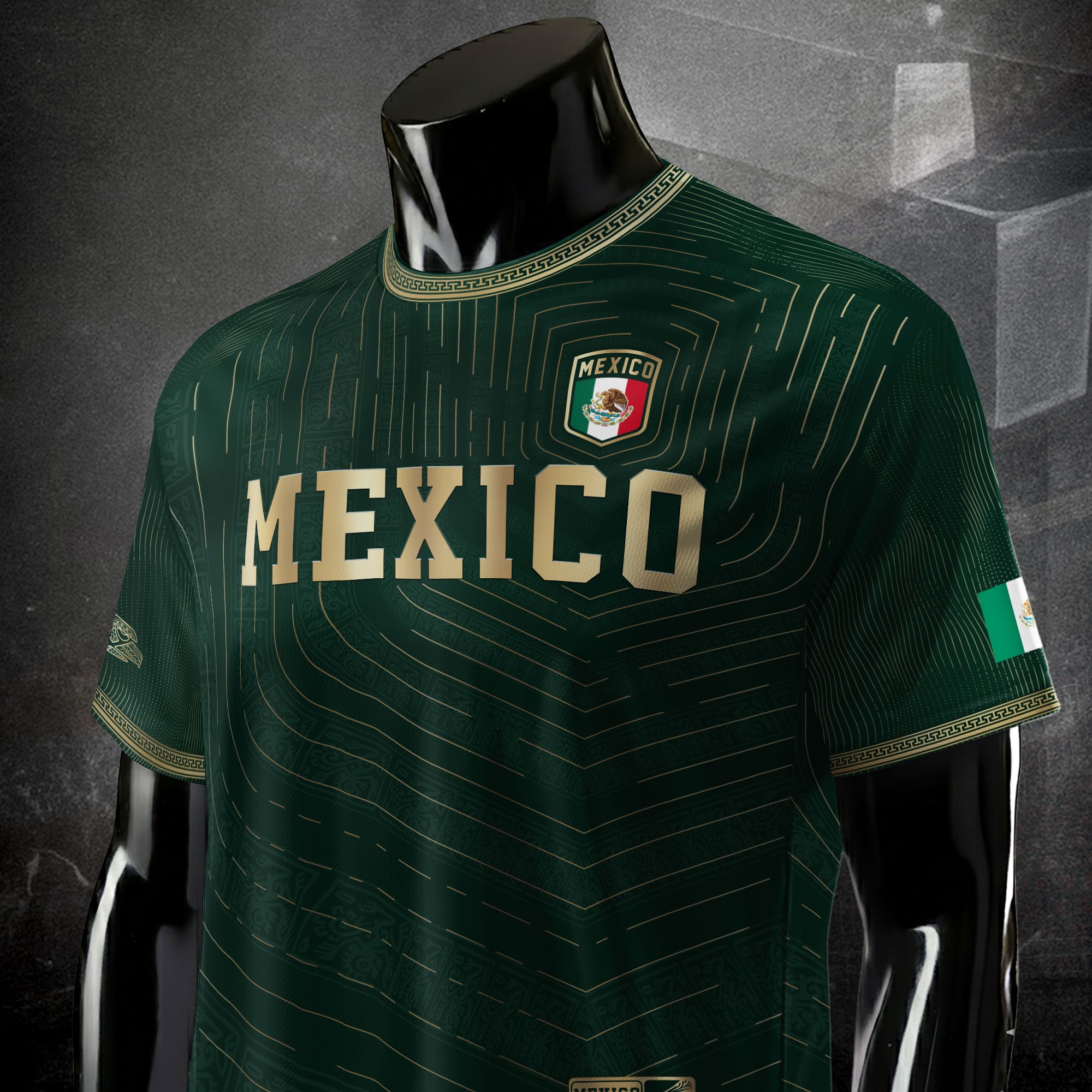 Camiseta de fútbol premium con emblema de águila azteca verde y dorado de México