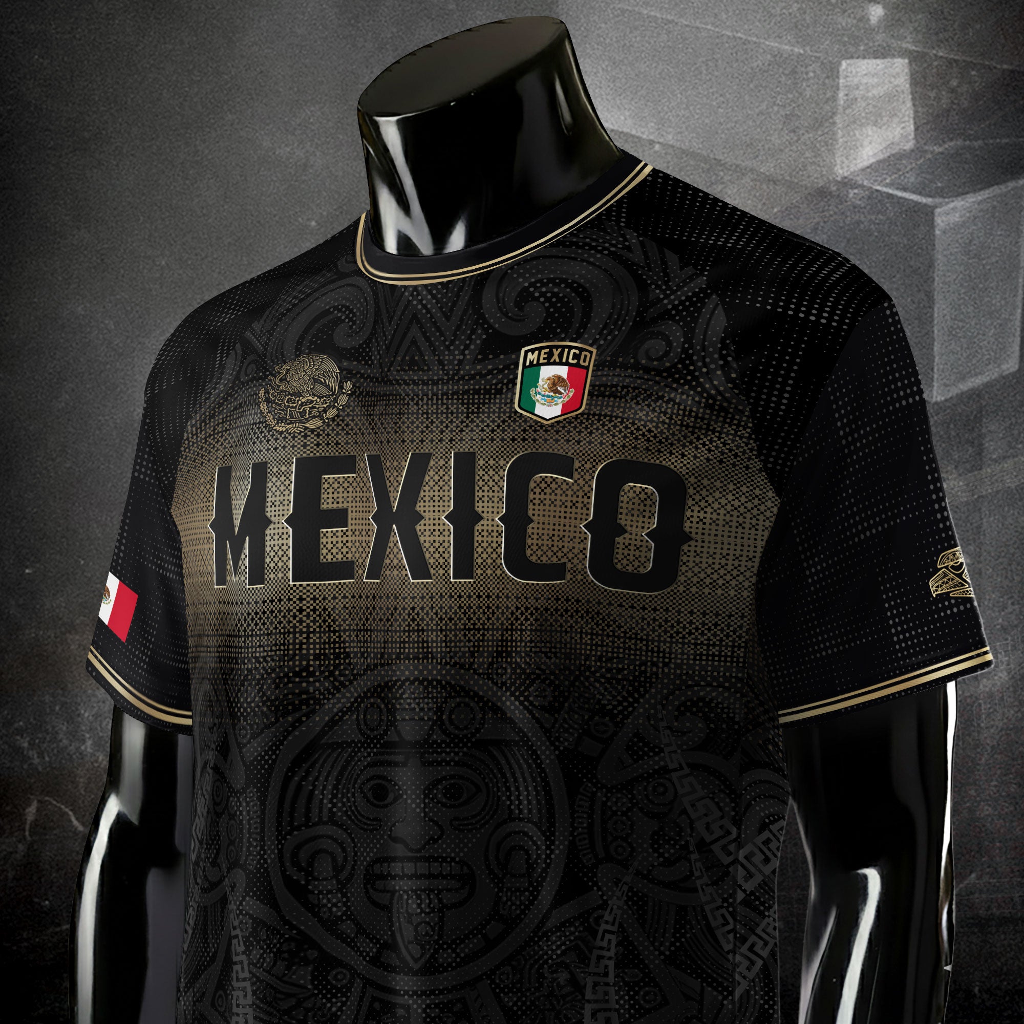 Camiseta de fútbol premium con emblema de águila azteca verde y dorado de México