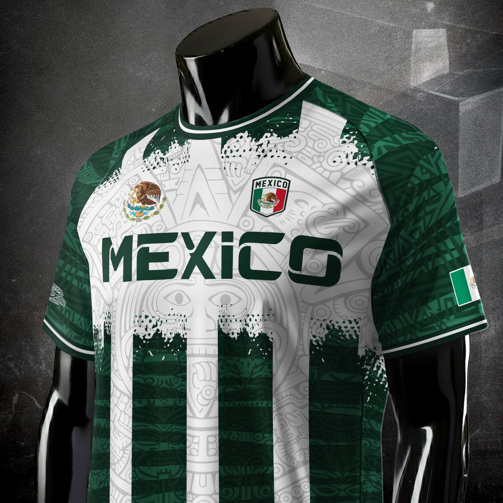 Camiseta de fútbol premium con emblema de águila azteca verde y dorado de México