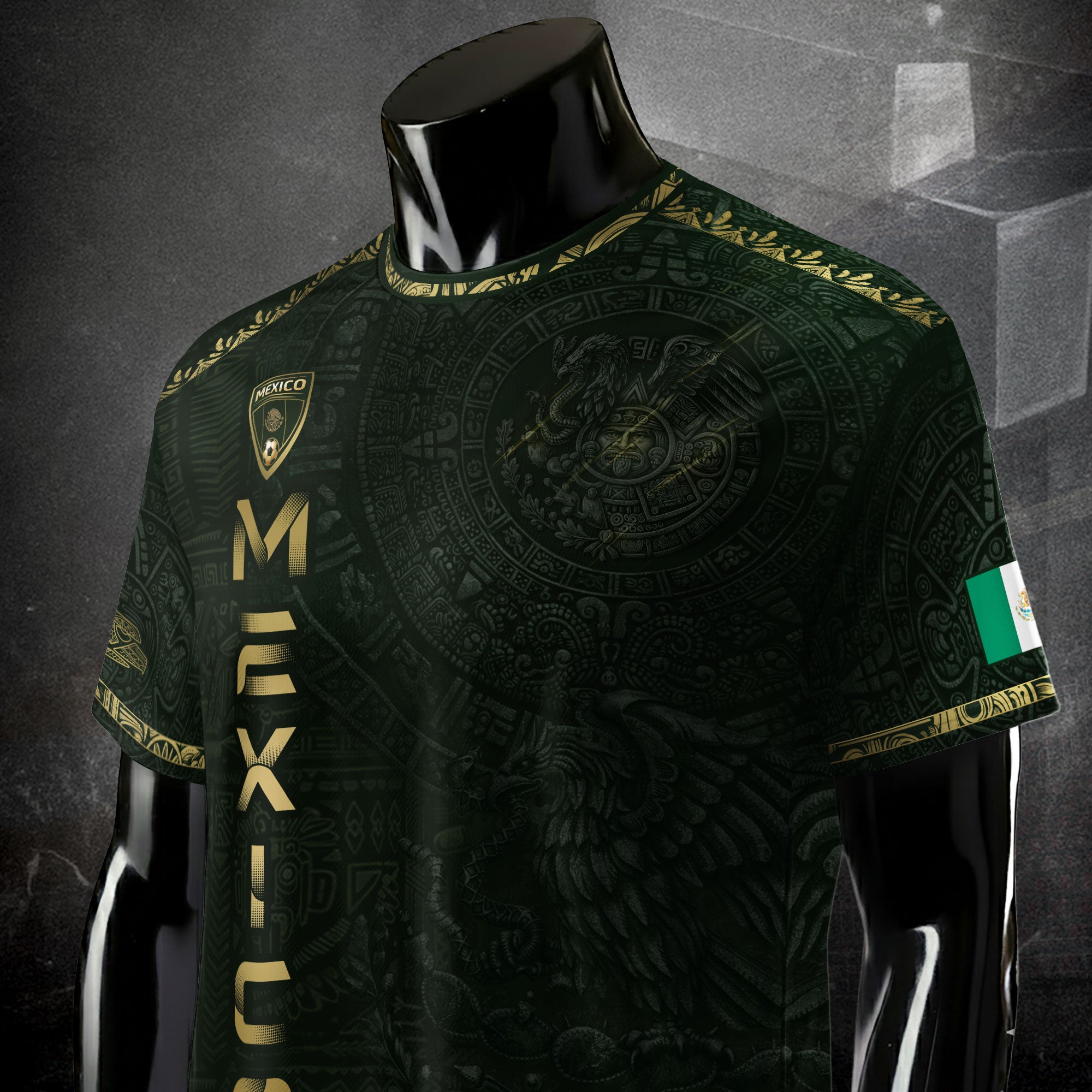 Camiseta de fútbol premium con emblema de águila azteca verde y dorado de México