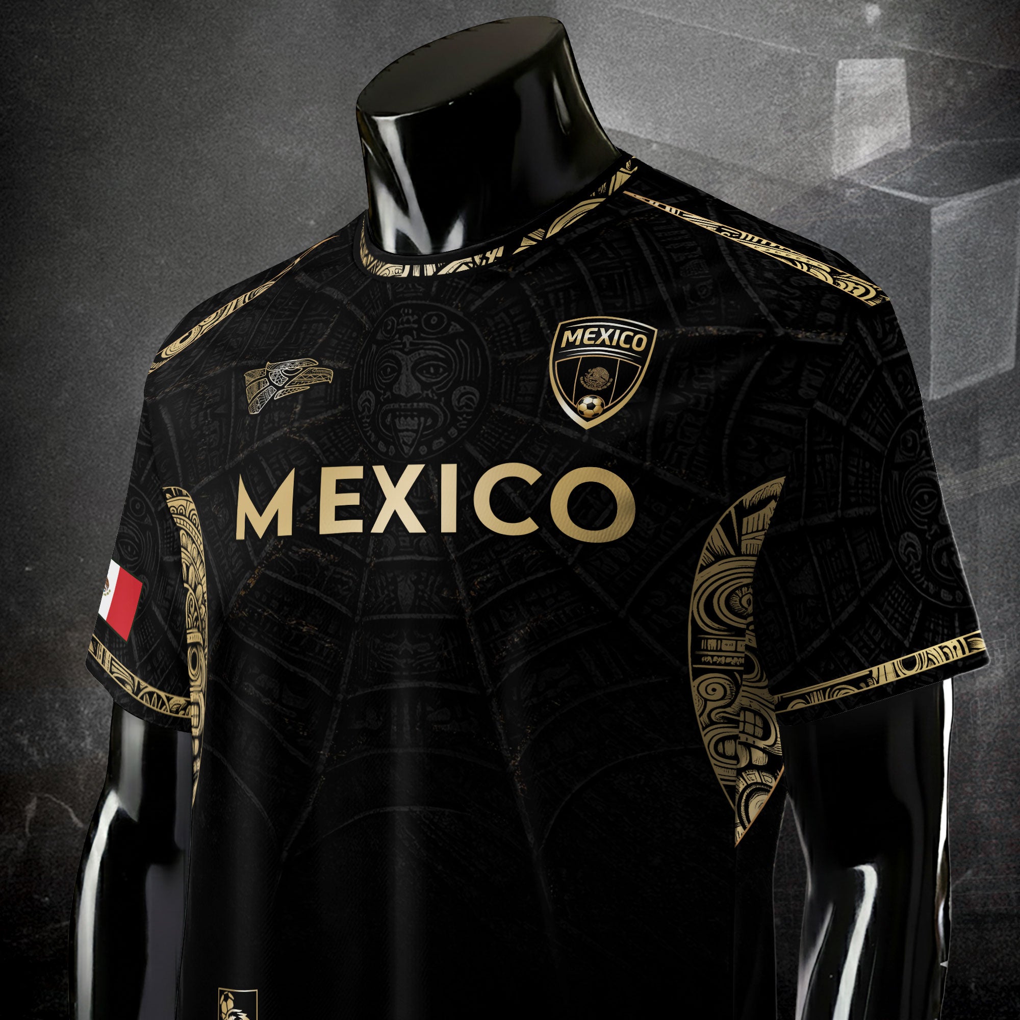 Camiseta de fútbol premium con emblema de águila azteca verde y dorado de México