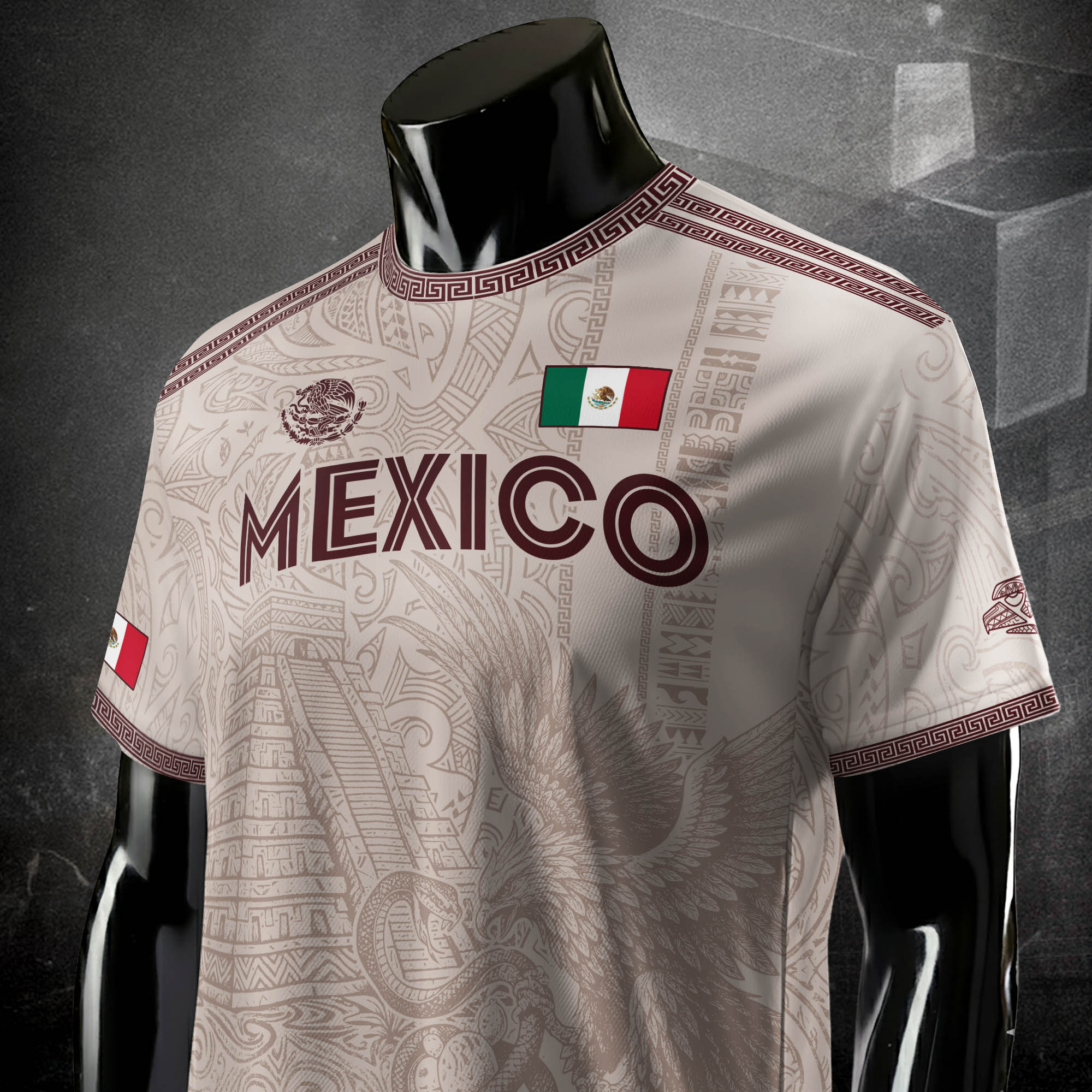 Camiseta de fútbol de México con diseño de águila de piedra solar azteca