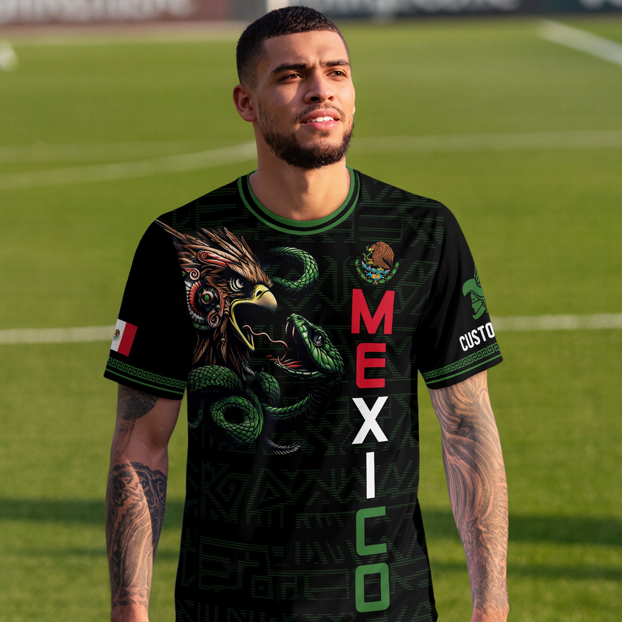 Custom Mexico Black Eagle and Snake Soccer Jersey