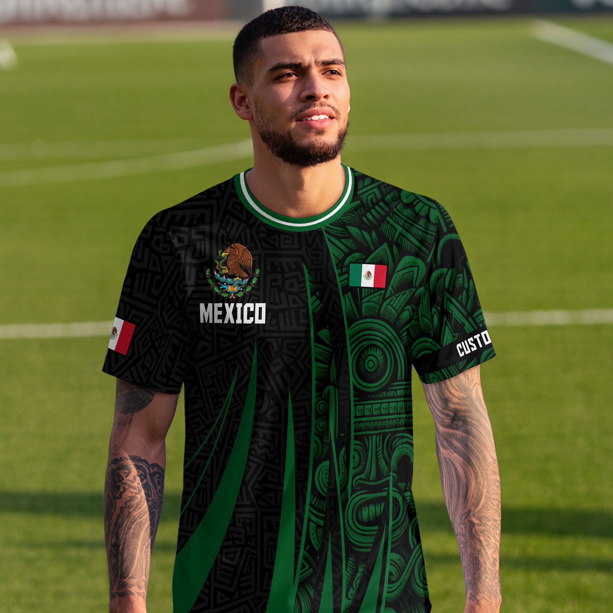 Custom Mexico Aztec Green Stripes Soccer Jersey