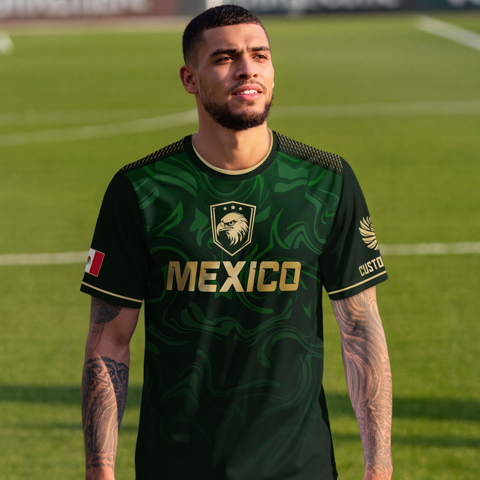 Custom Mexico Green Eagle Soccer Jersey Gold Crest Heritage Edition
