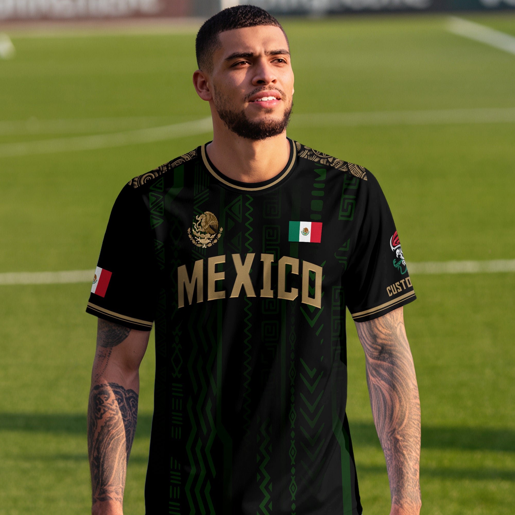 Custom Mexico Soccer Jersey Black Gold Aztec Pattern