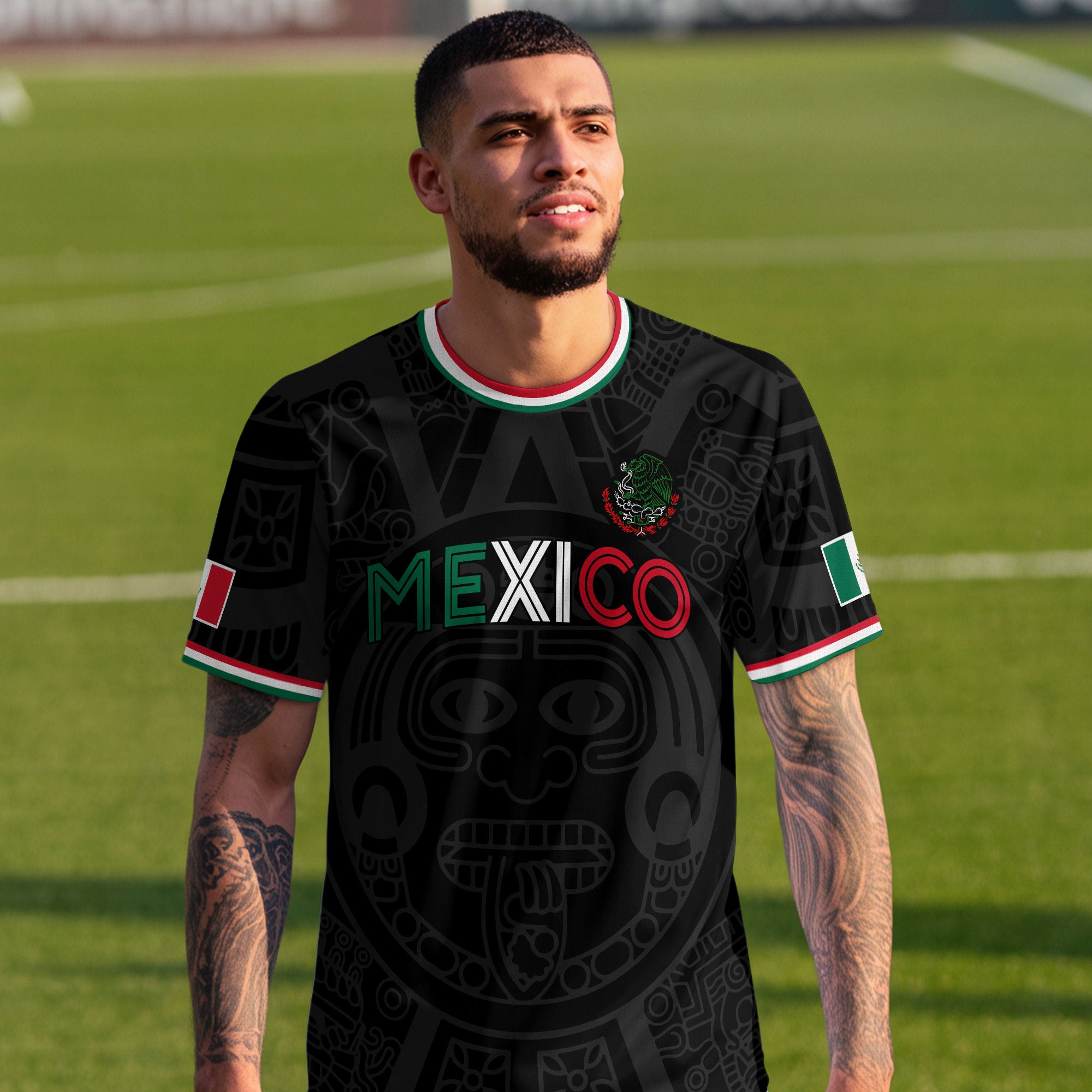 Soccer Jersey Mexico Black Aztec Pattern with Tricolor Accents