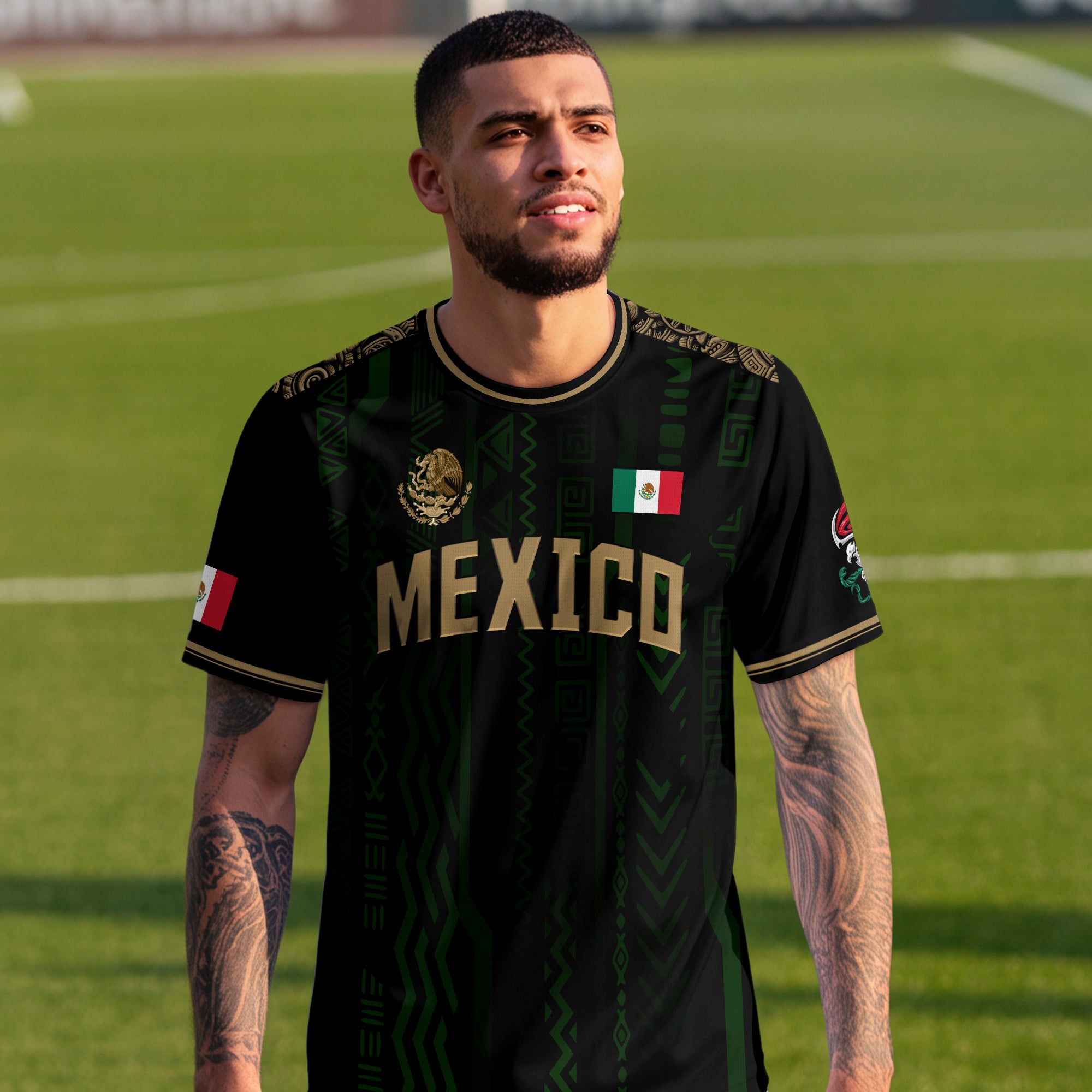 Mexico Soccer Jersey Black & Gold Aztec Design
