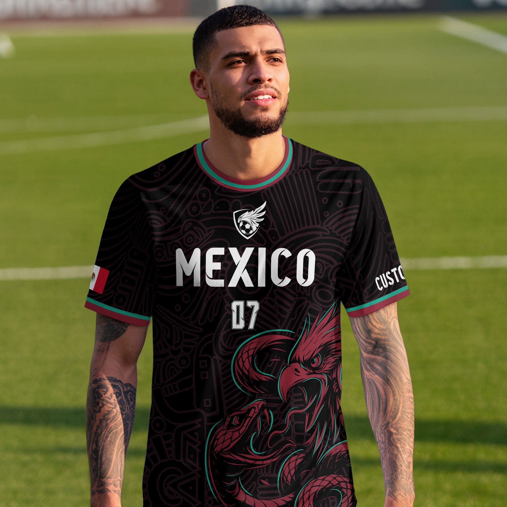 Custom Mexico Black Aztec Eagle Serpent Design Soccer Jersey