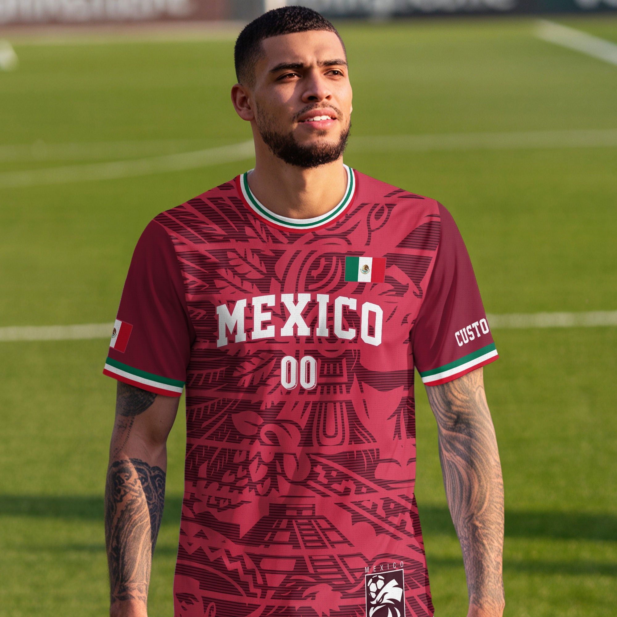 Custom Mexico Burgundy Aztec Pattern Design Soccer Jersey