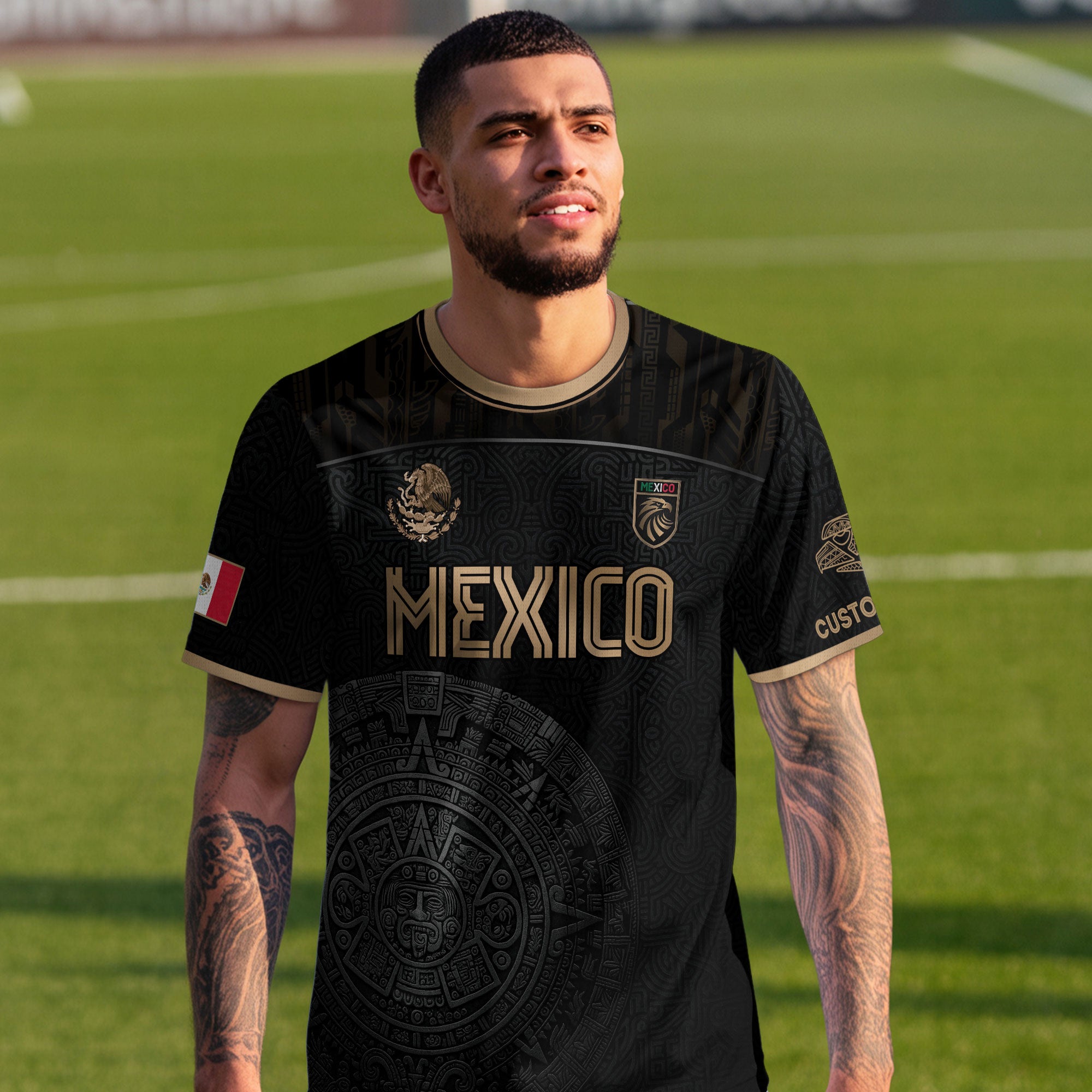 Custom Mexico Black Aztec Calendar Gold Edition Soccer Jersey