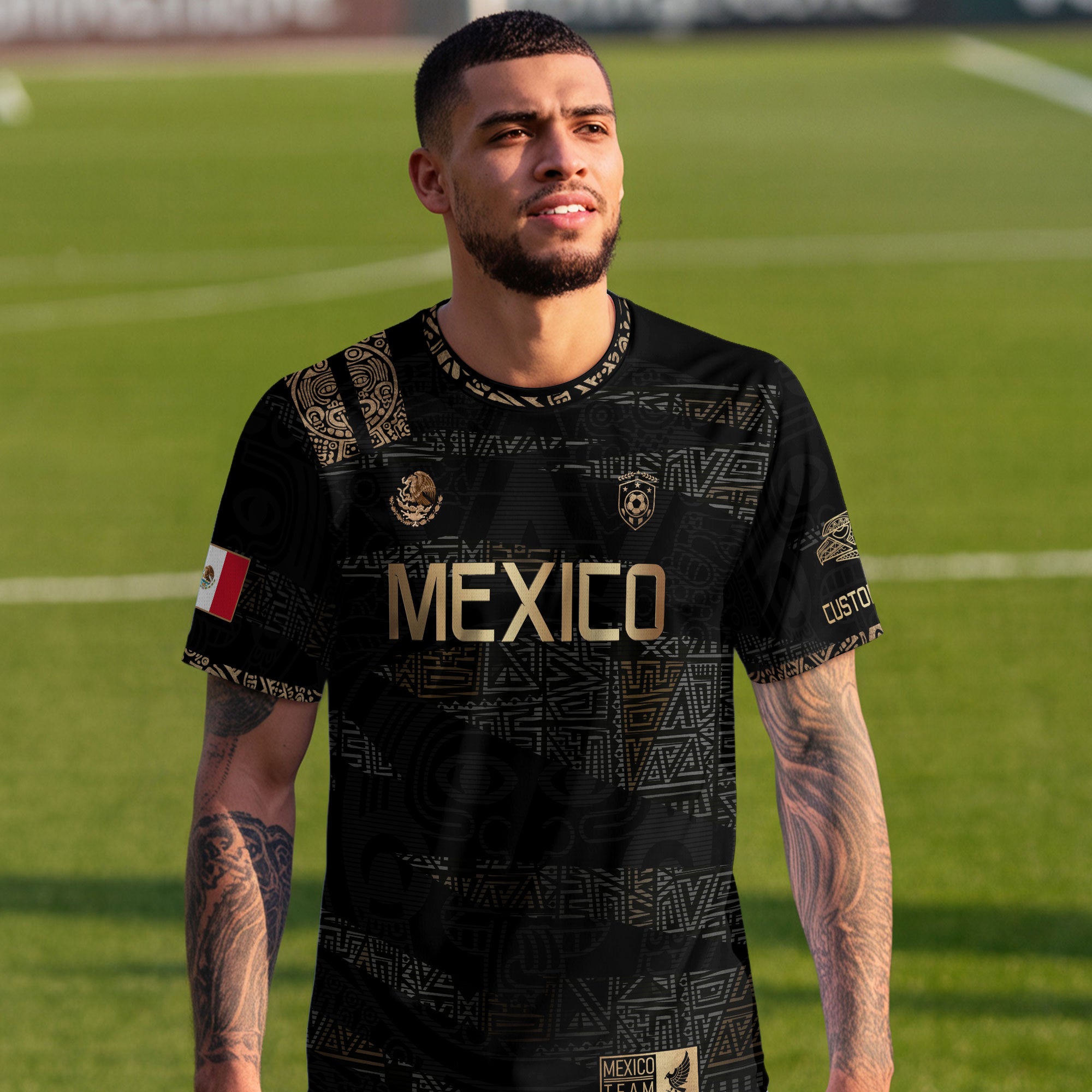 Custom Mexico Soccer Jersey Black Gold Aztec Design