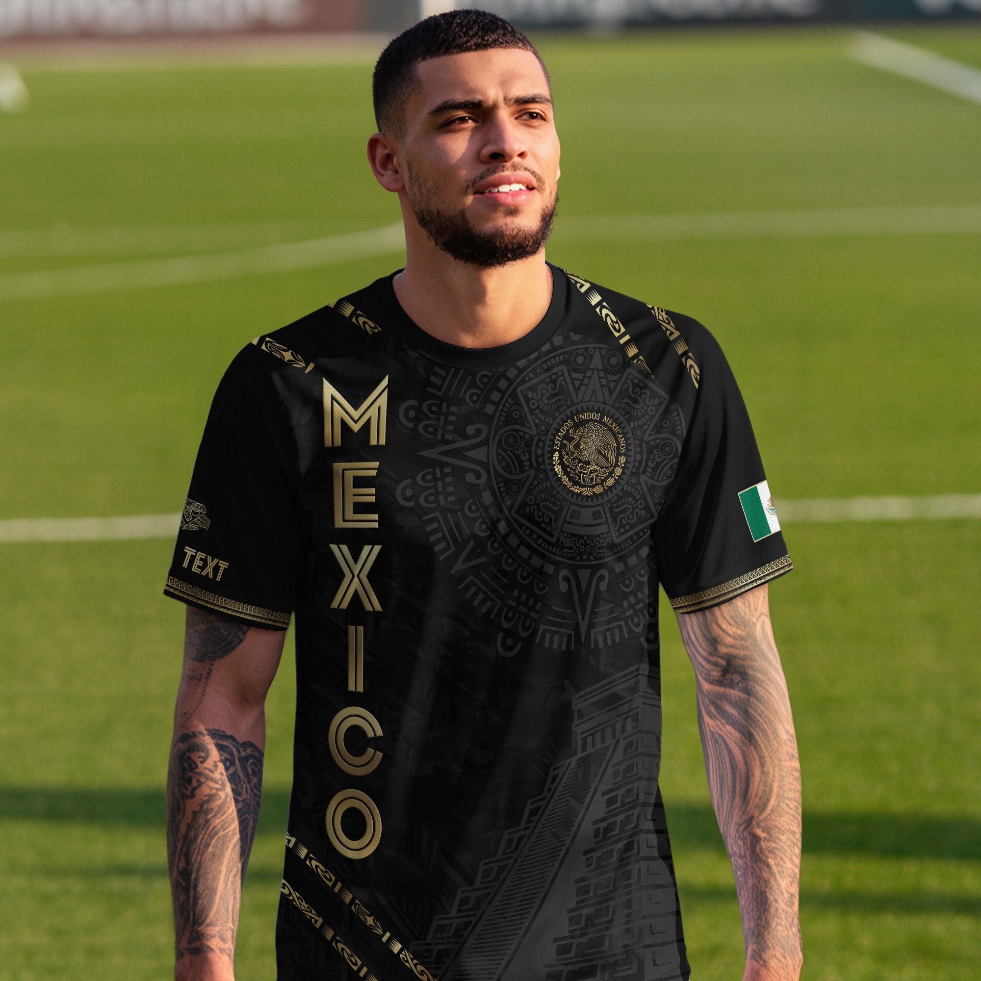 Custom Mexico Black Gold Aztec Calendar Pyramid Design Soccer Jersey