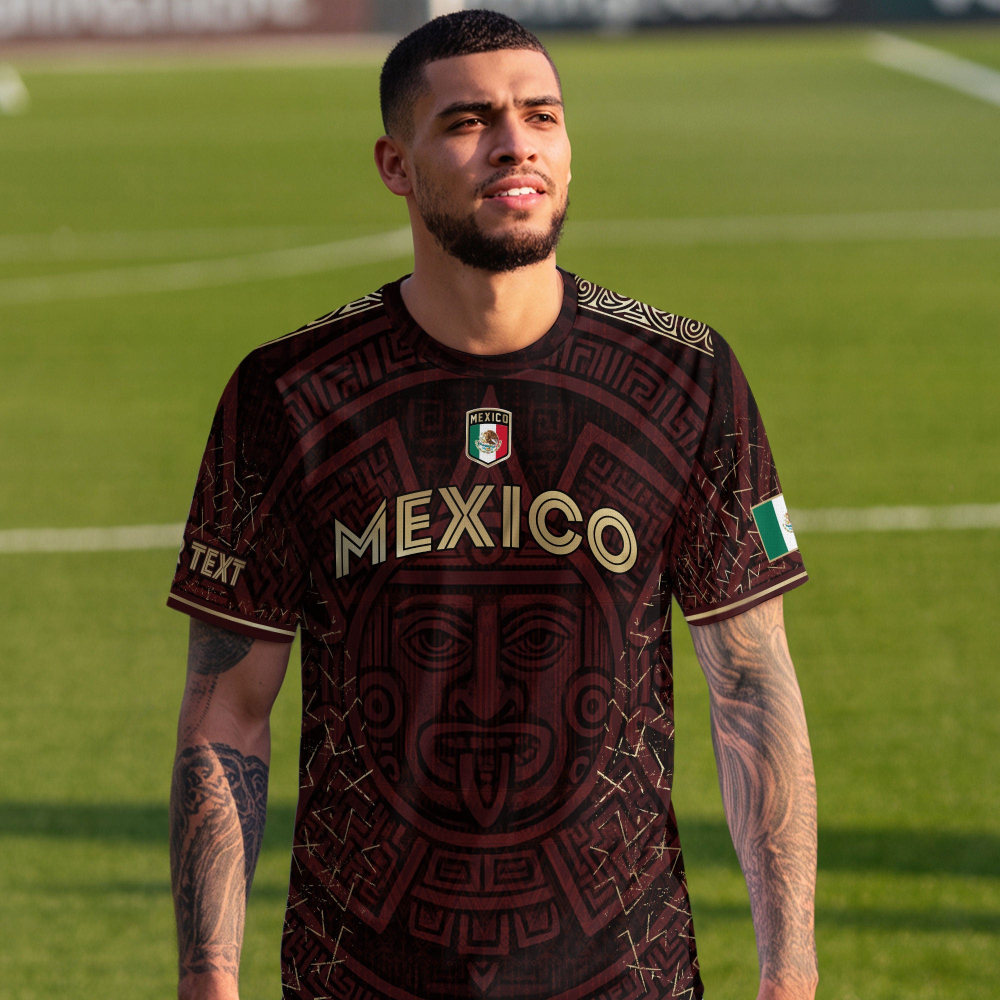 Custom Soccer Jersey Mexico Burgundy Gold Aztec Sun Design